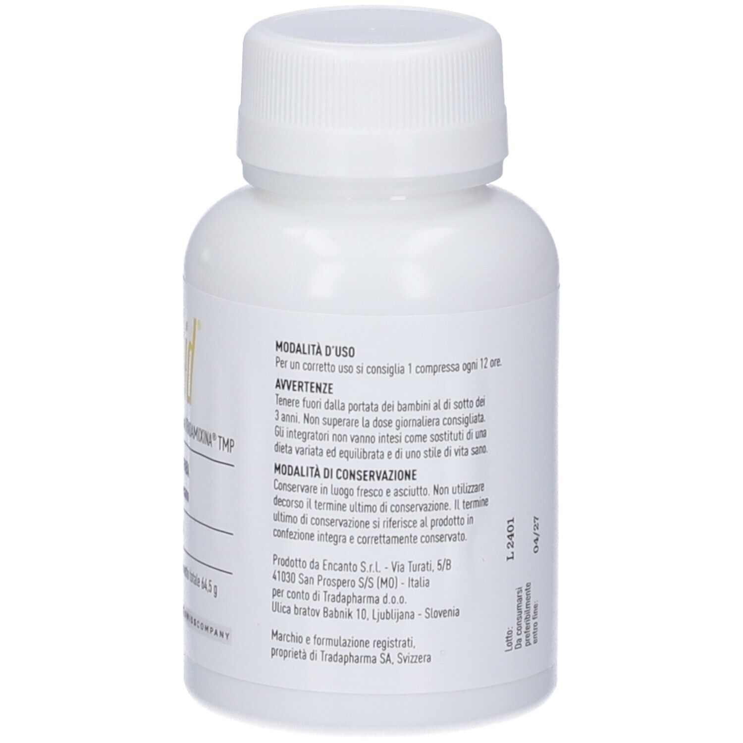 Retro di un flacone bianco con etichetta gialla. Testo: modalità d'uso, avvertenze. Marchio: Tradapharma.