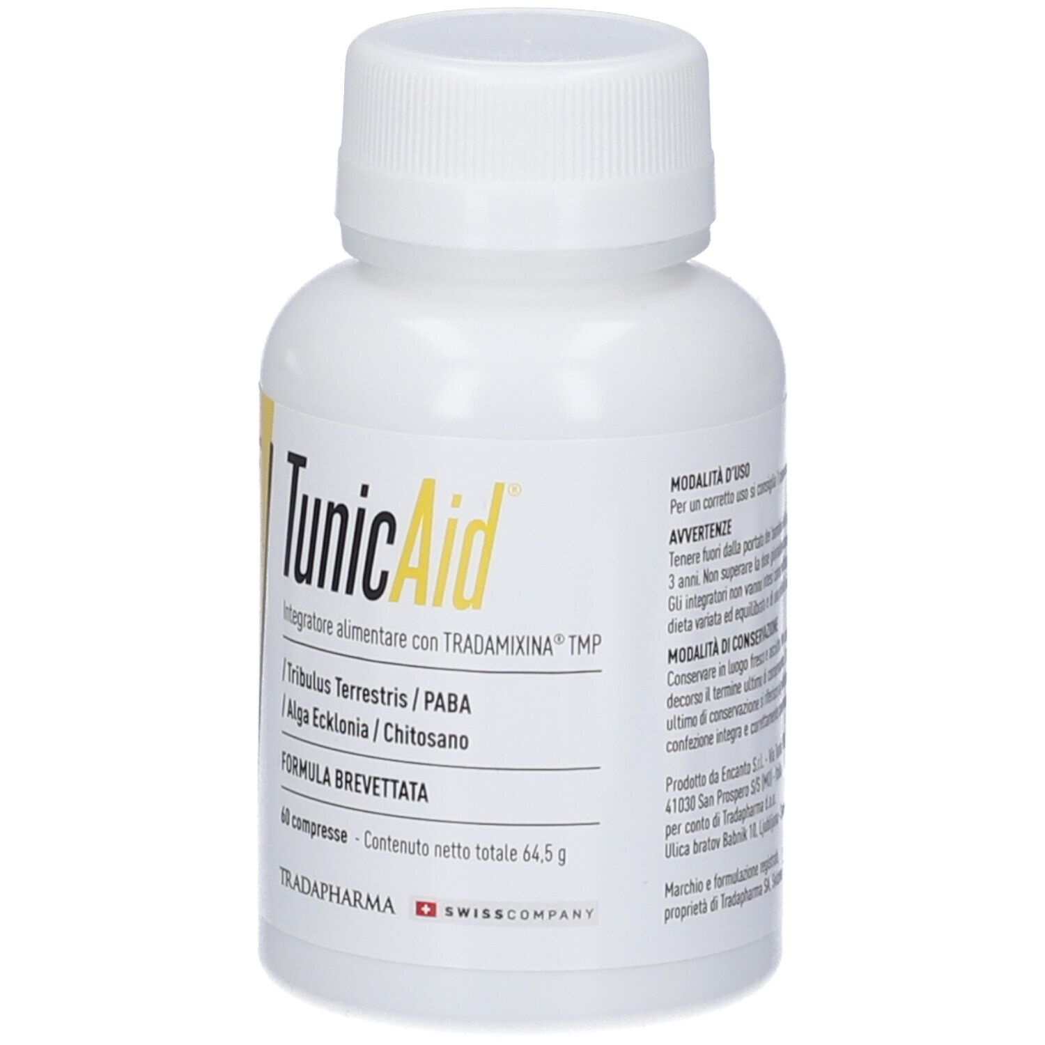 Flacone bianco con etichetta gialla. Scritta: TunicAid, 60 compresse. Marchio: Tradapharma.