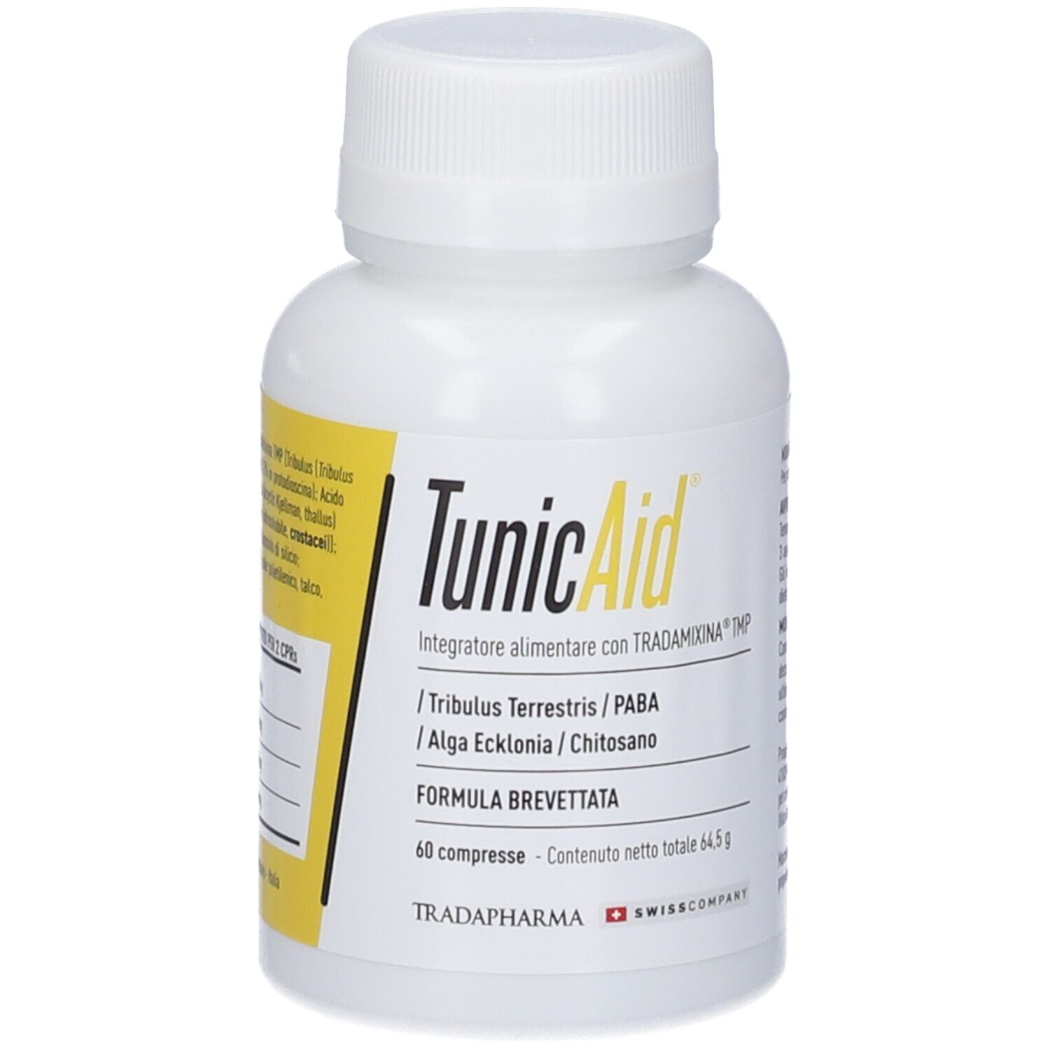 Flacone bianco con etichetta gialla. Scritta: TunicAid, 60 compresse. Marchio: Tradapharma.