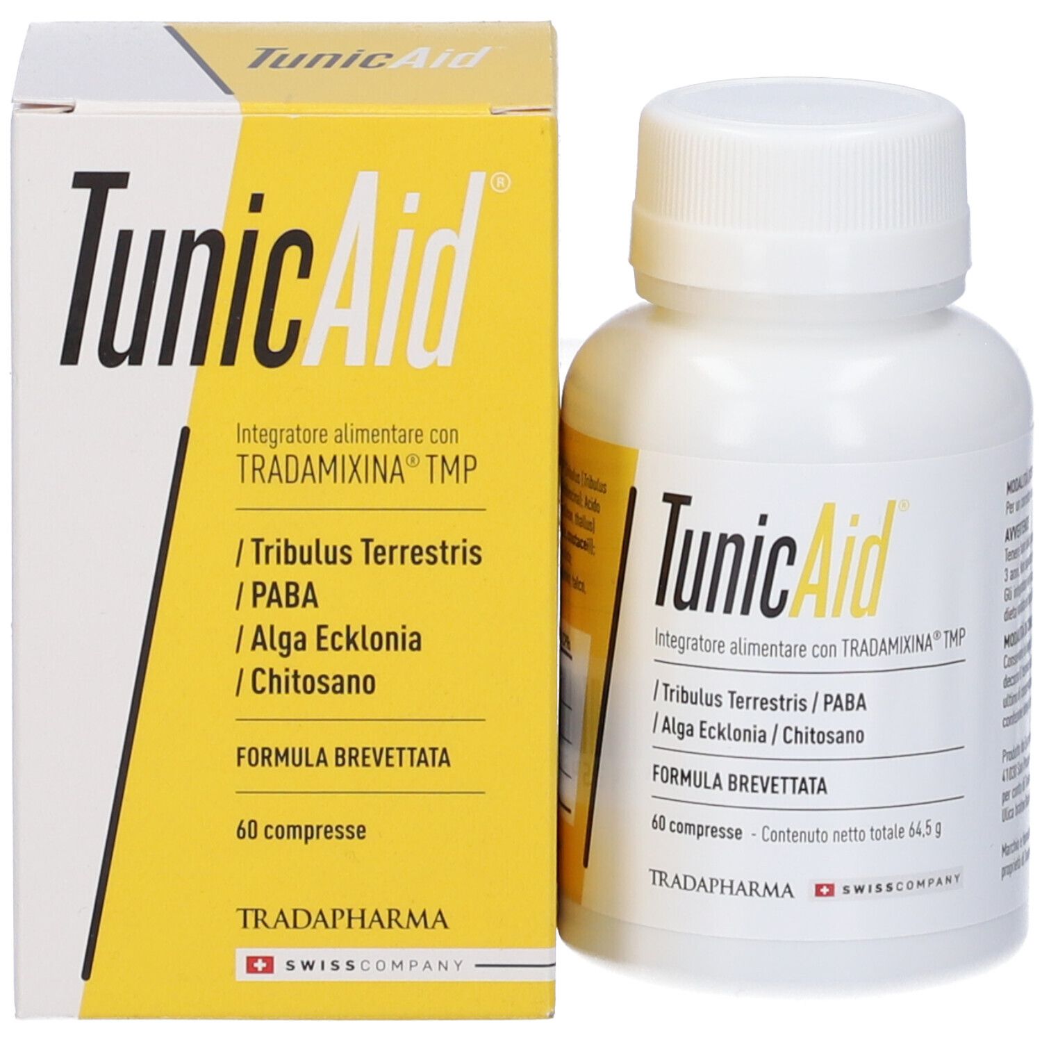 Flacone bianco e scatola con design giallo. Scritta: TunicAid, 60 compresse. Marchio: Tradapharma.