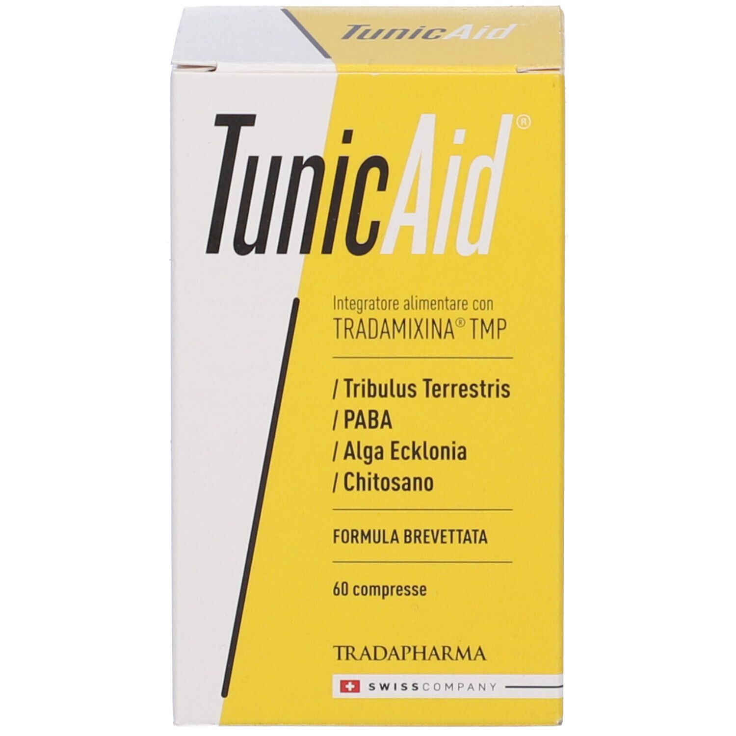 Scatola gialla con scritta: TunicAid, 60 compresse. Marchio: Tradapharma.