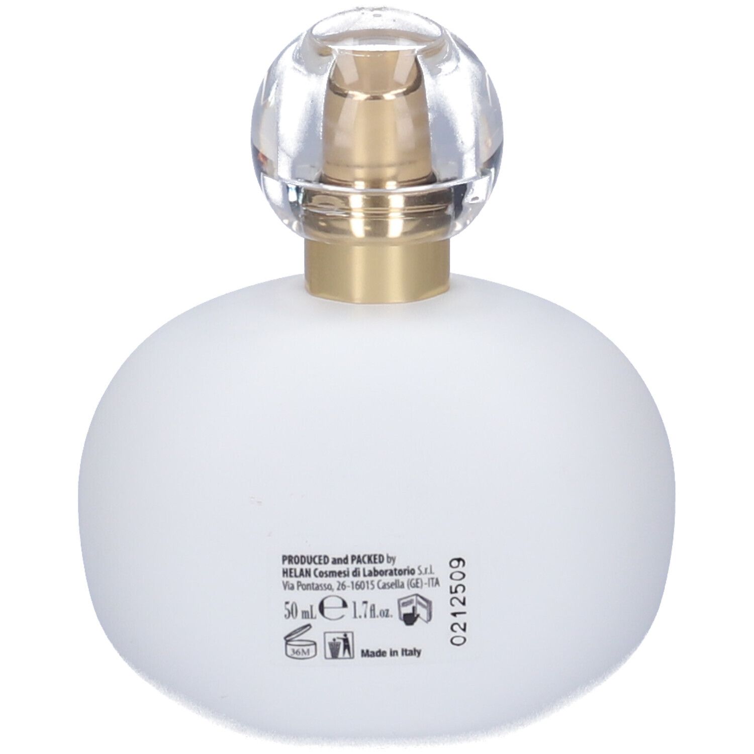 Retro di un flacone bianco. Scritta: PRODOTTO E CONFEZIONATO DA Helan Cosmesi di Laboratorio S.r.l. 50 ml, 1.7 fl. oz. Made in Italy.