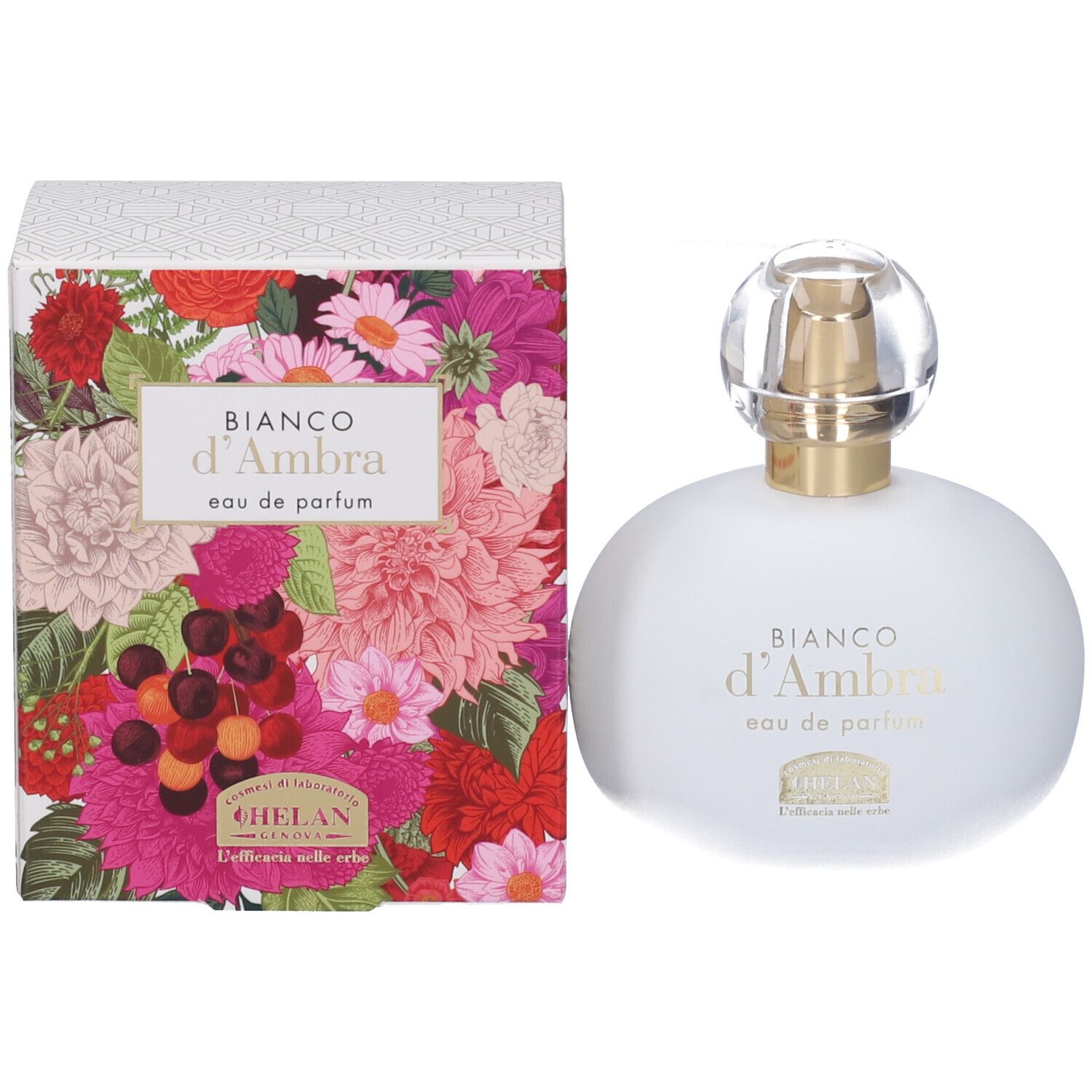 Confezione e flacone. Confezione con design floreale. Flacone: bianco, rotondo, tappo dorato, coperchio trasparente.