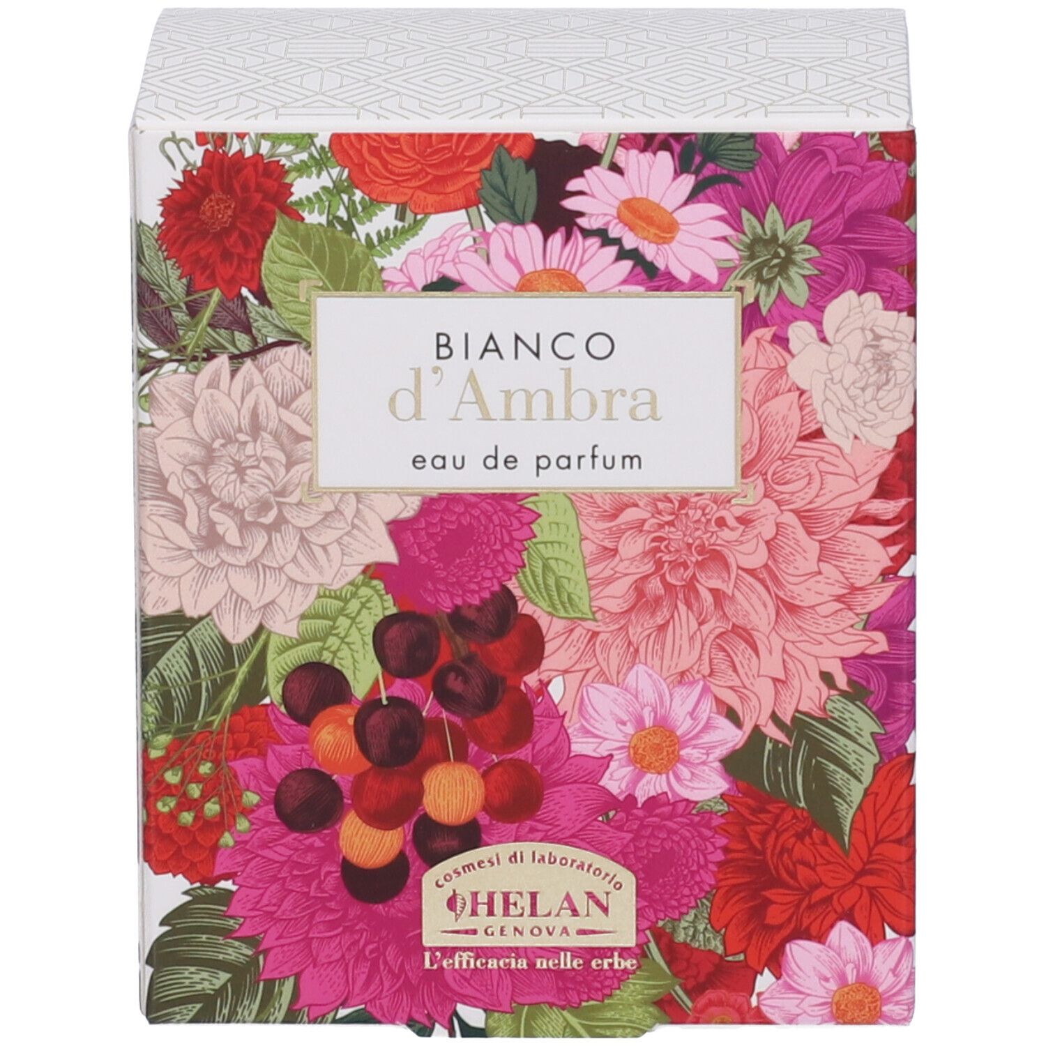 Confezione con design floreale. Scritta: Bianco d'Ambra, Eau de Parfum. Logo: Helan Genova, L'efficacia nelle erbe.