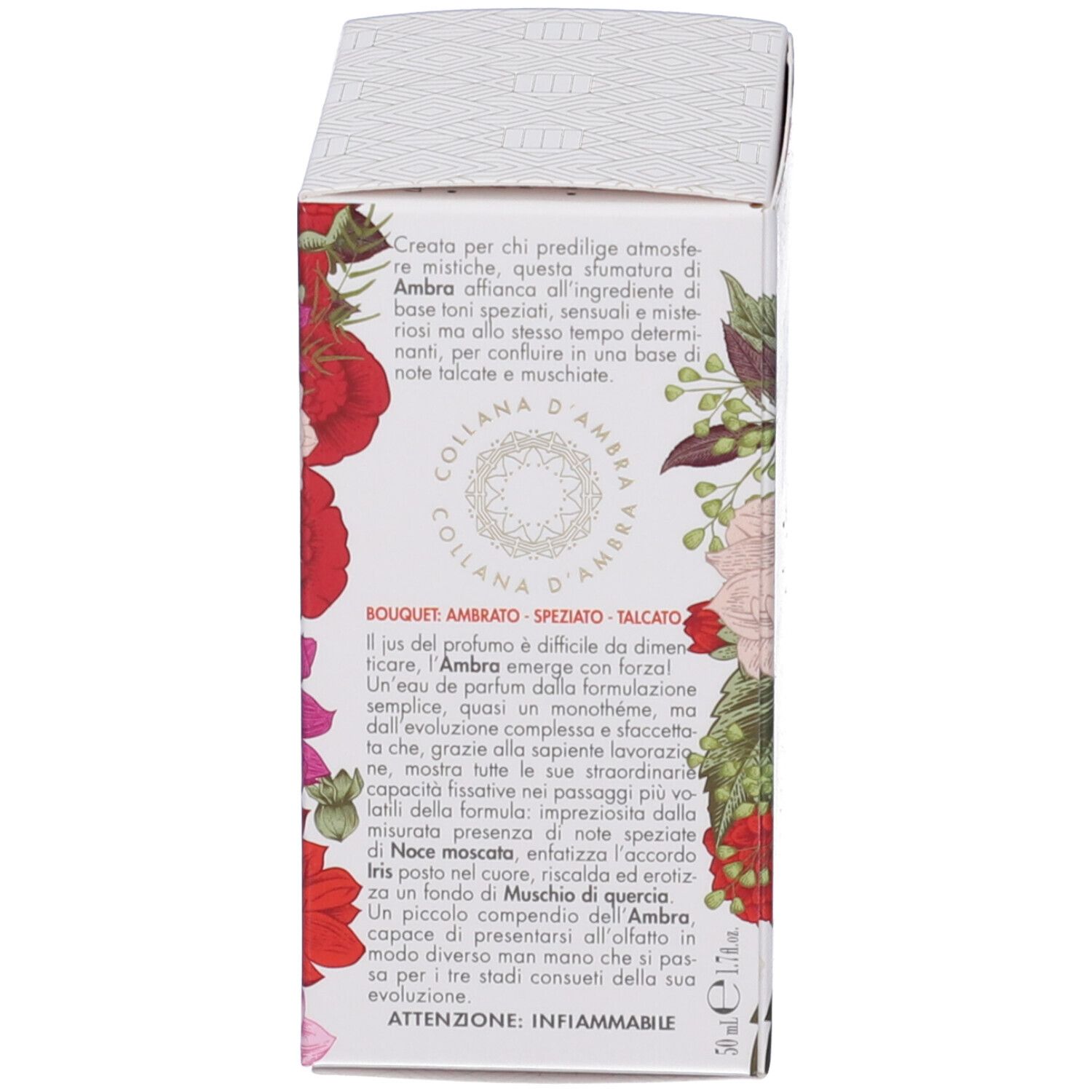 Vista laterale della confezione. Testo in italiano. Design floreale. Logo: Helan Genova, L'efficacia nelle erbe. Attenzione: Infiammabile.