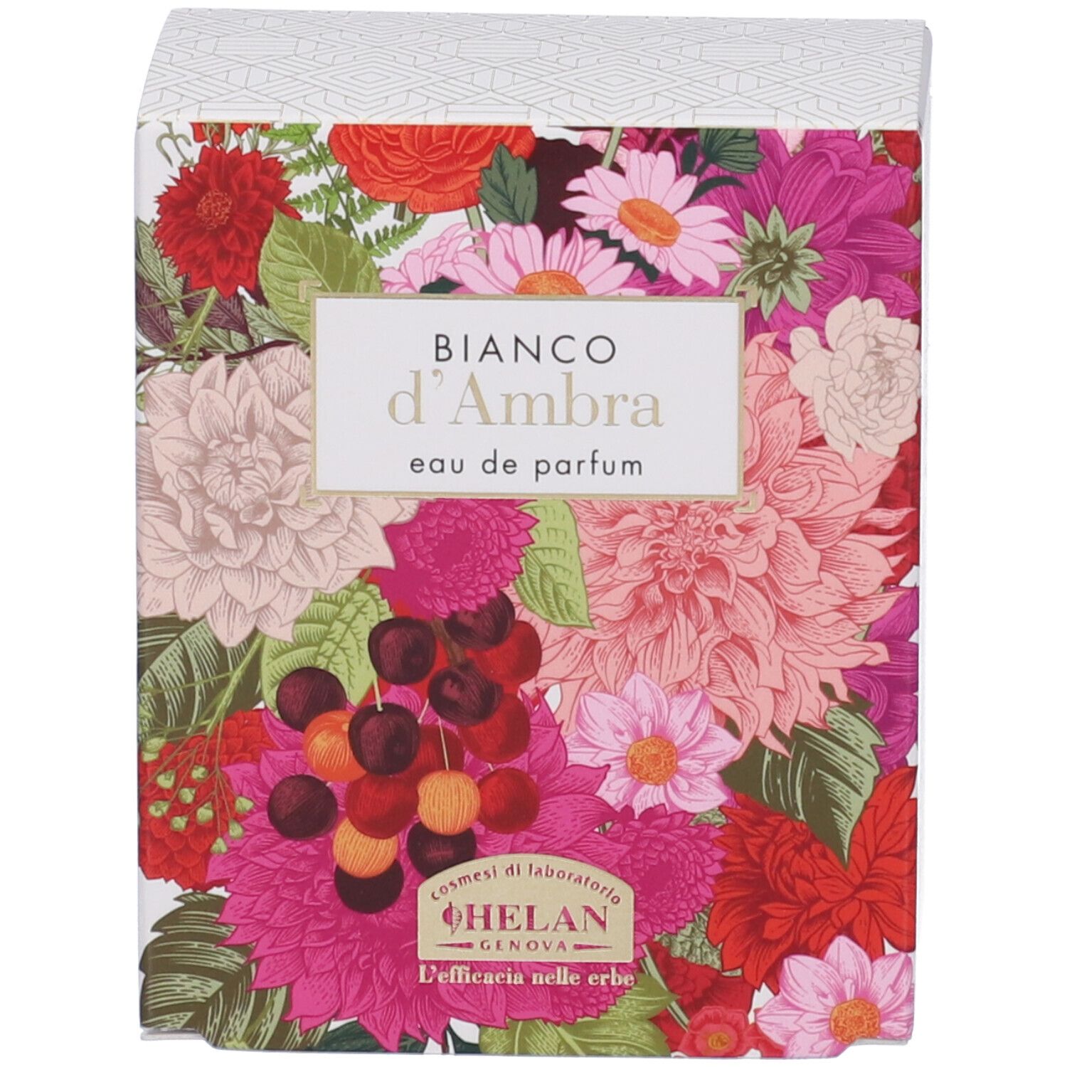 Confezione con design floreale. Scritta: Bianco d'Ambra, Eau de Parfum. Logo: Helan Genova, L'efficacia nelle erbe.