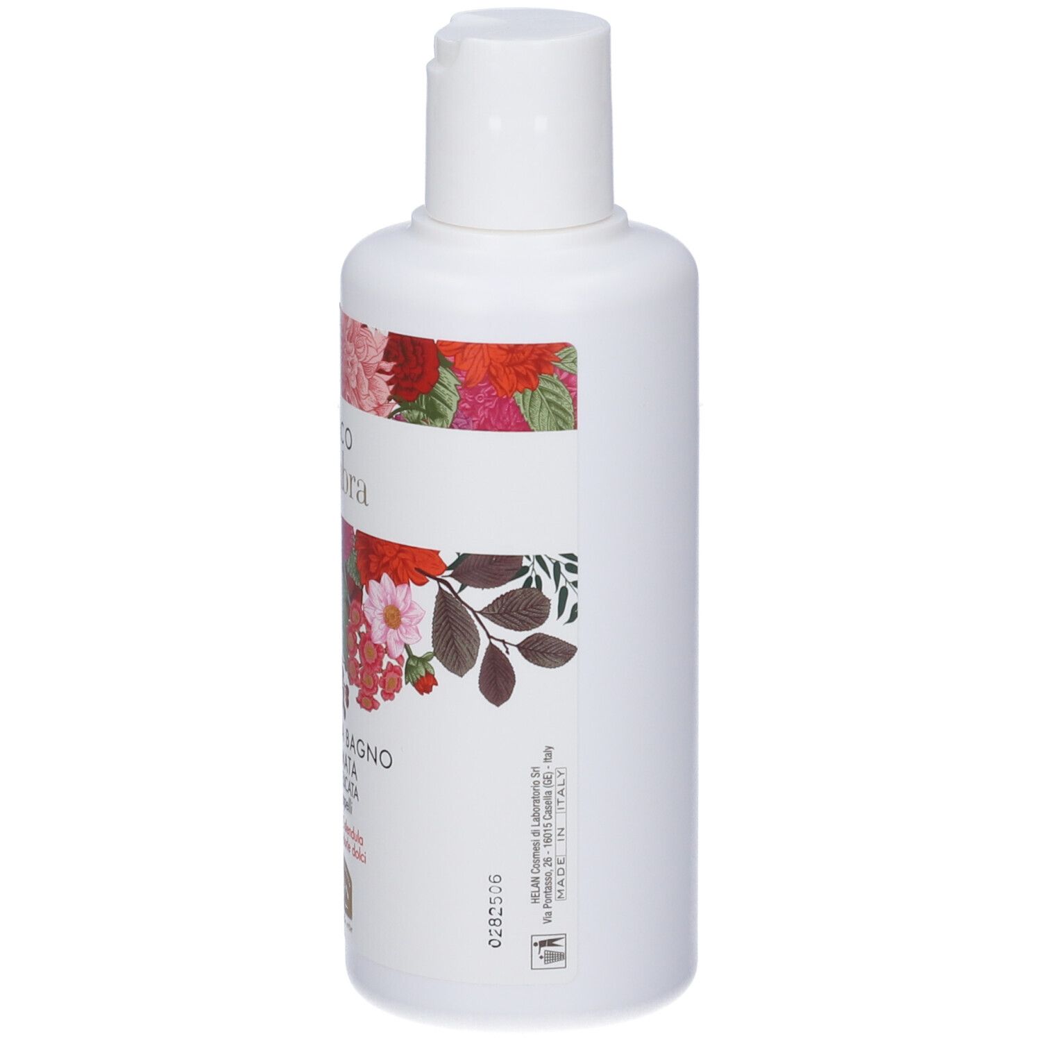 Flacone bianco con etichetta floreale. Testo: Bianco d'Ambra, Schiuma da Bagno Profumata. Motivi floreali.