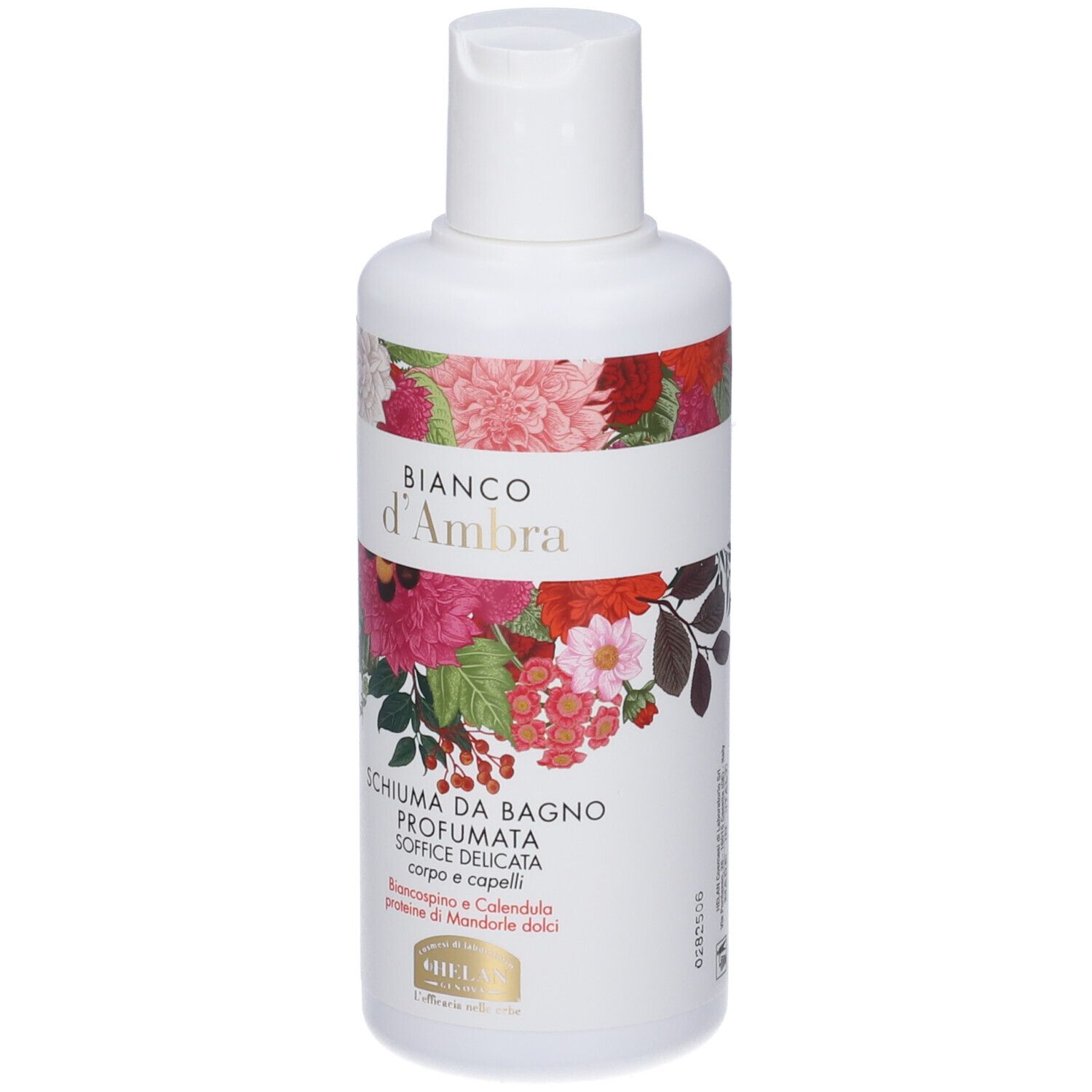 Flacone bianco con etichetta floreale. Testo: Bianco d'Ambra, Schiuma da Bagno Profumata. Motivi floreali.