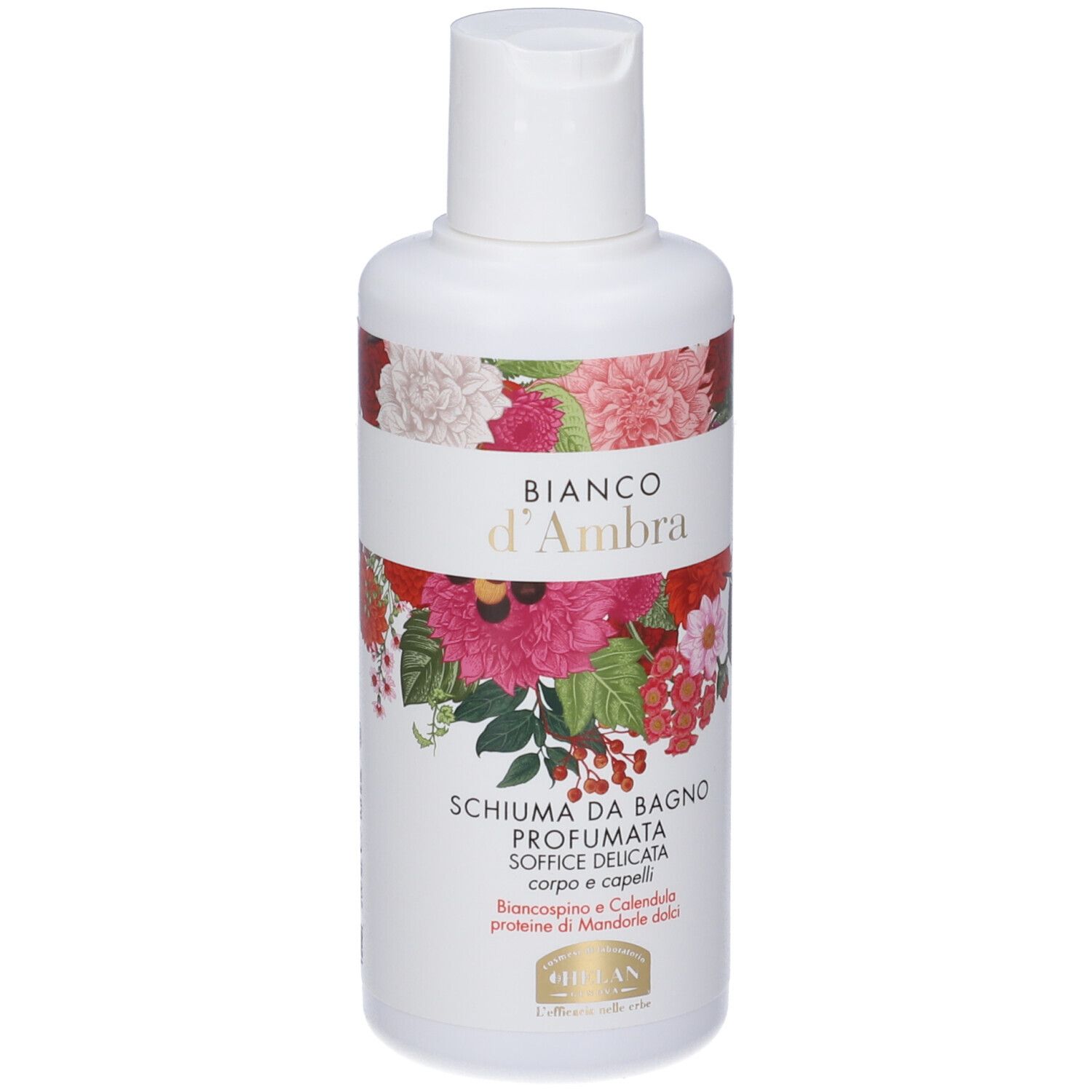 Flacone bianco con etichetta floreale. Testo: Bianco d'Ambra, Schiuma da Bagno Profumata. Motivi floreali.