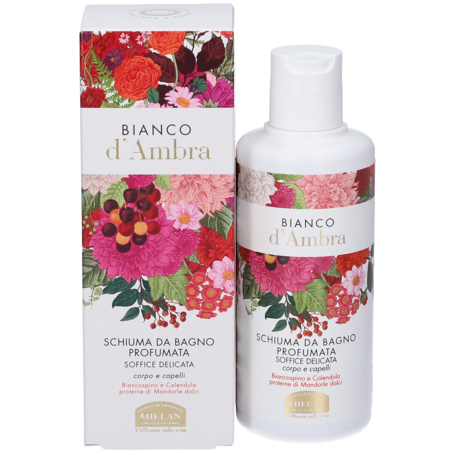 Flacone e confezione del prodotto. Flacone bianco con etichetta floreale. Testo: Bianco d'Ambra, Schiuma da Bagno Profumata.