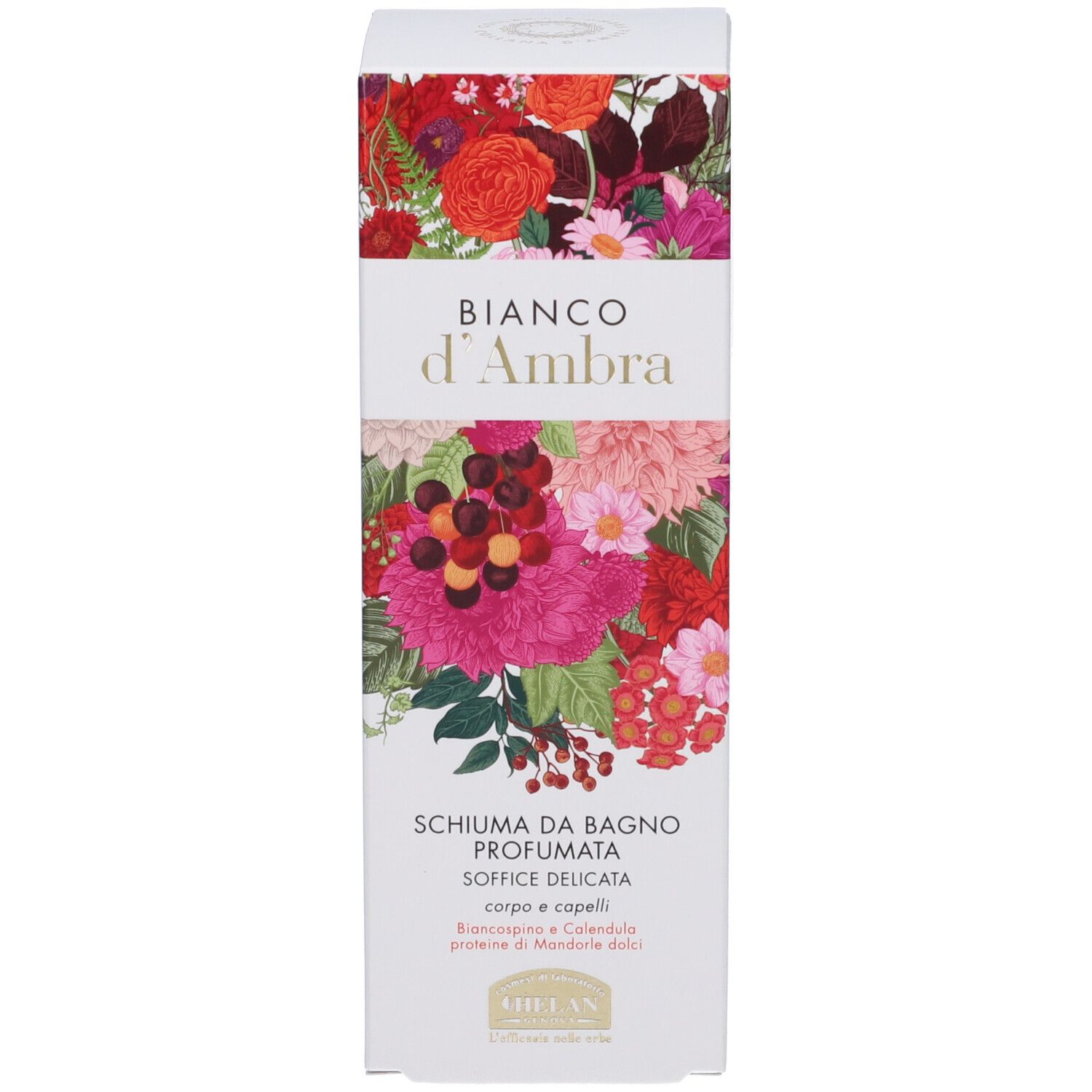 Confezione del prodotto. Bianca con motivo floreale. Testo: Bianco d'Ambra, Schiuma da Bagno Profumata.