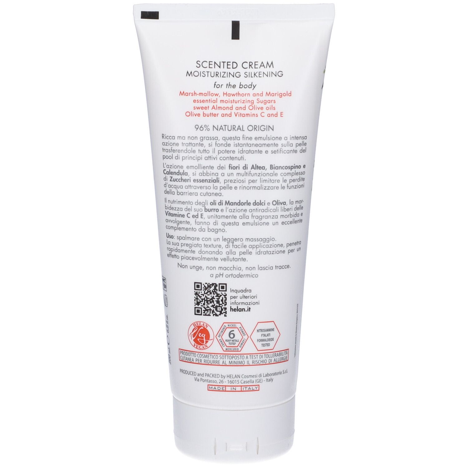 Retro del tubo di crema. Testo: Scented Cream, Moisturizing Silkening. Ingredienti. Codice QR. Marchio: Helan.