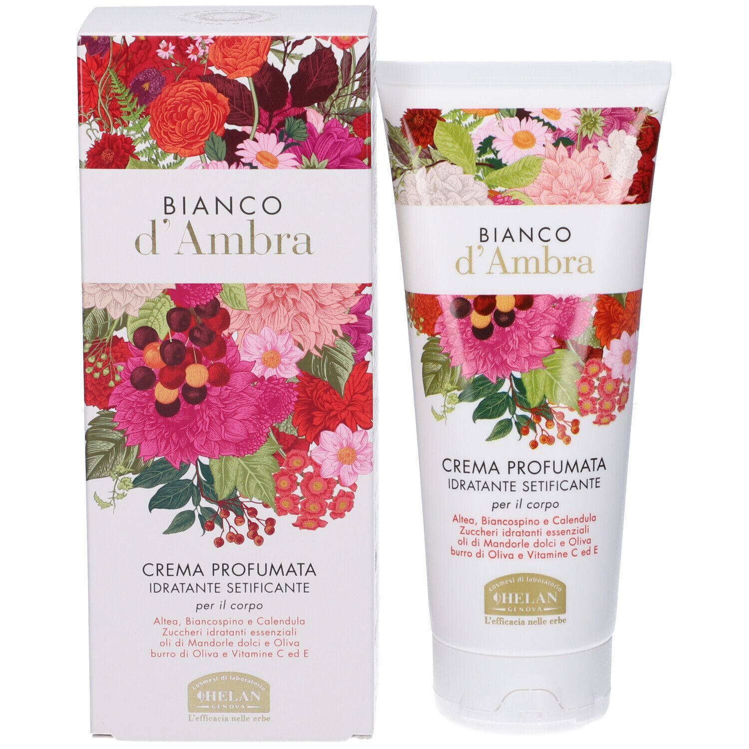 Tubo di crema e scatola con design floreale. Scritta: Bianco d'Ambra, Crema Profumata. Marchio: Helan.