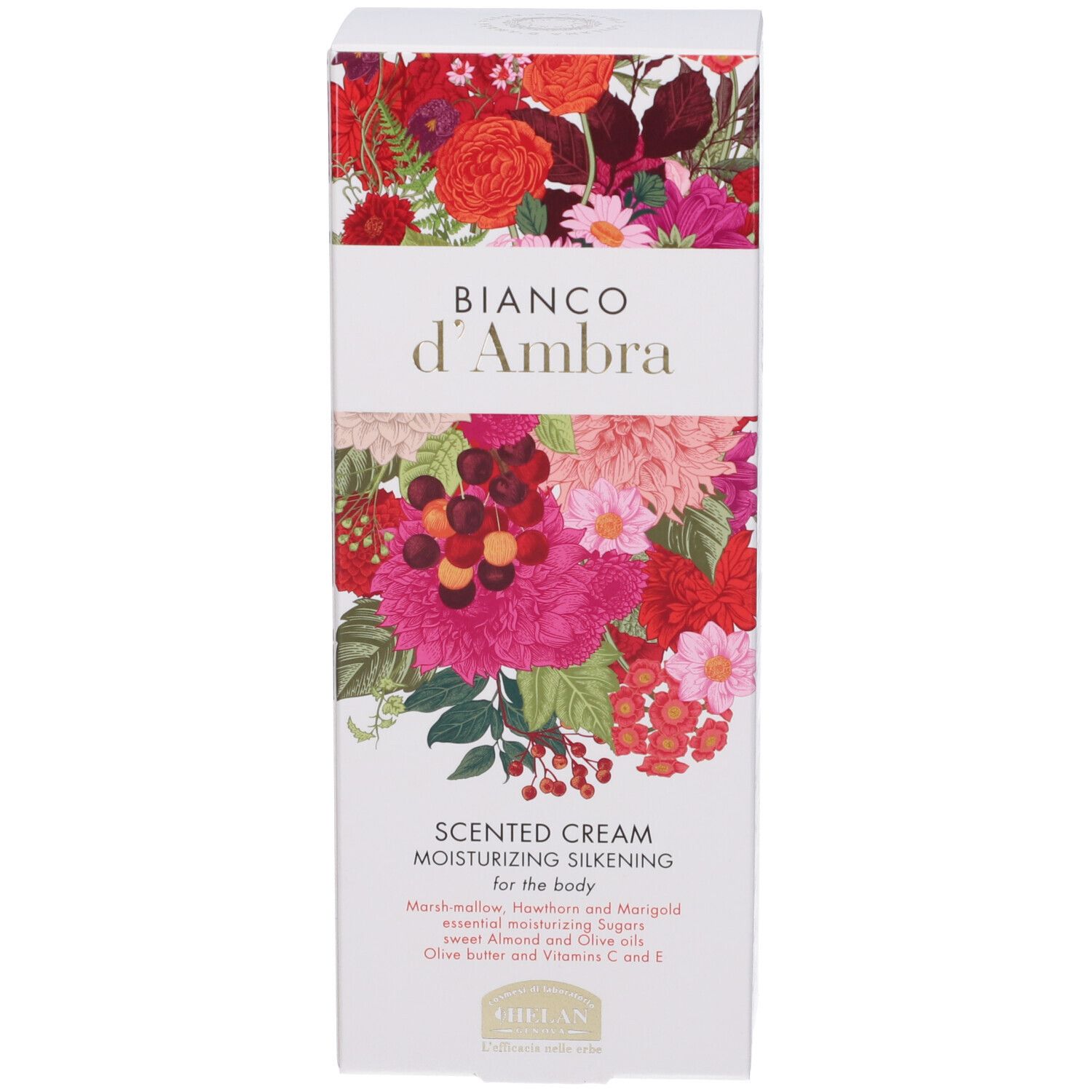 Scatola con design floreale. Scritta: Scented Cream, Moisturizing Silkening. Marchio: Helan.