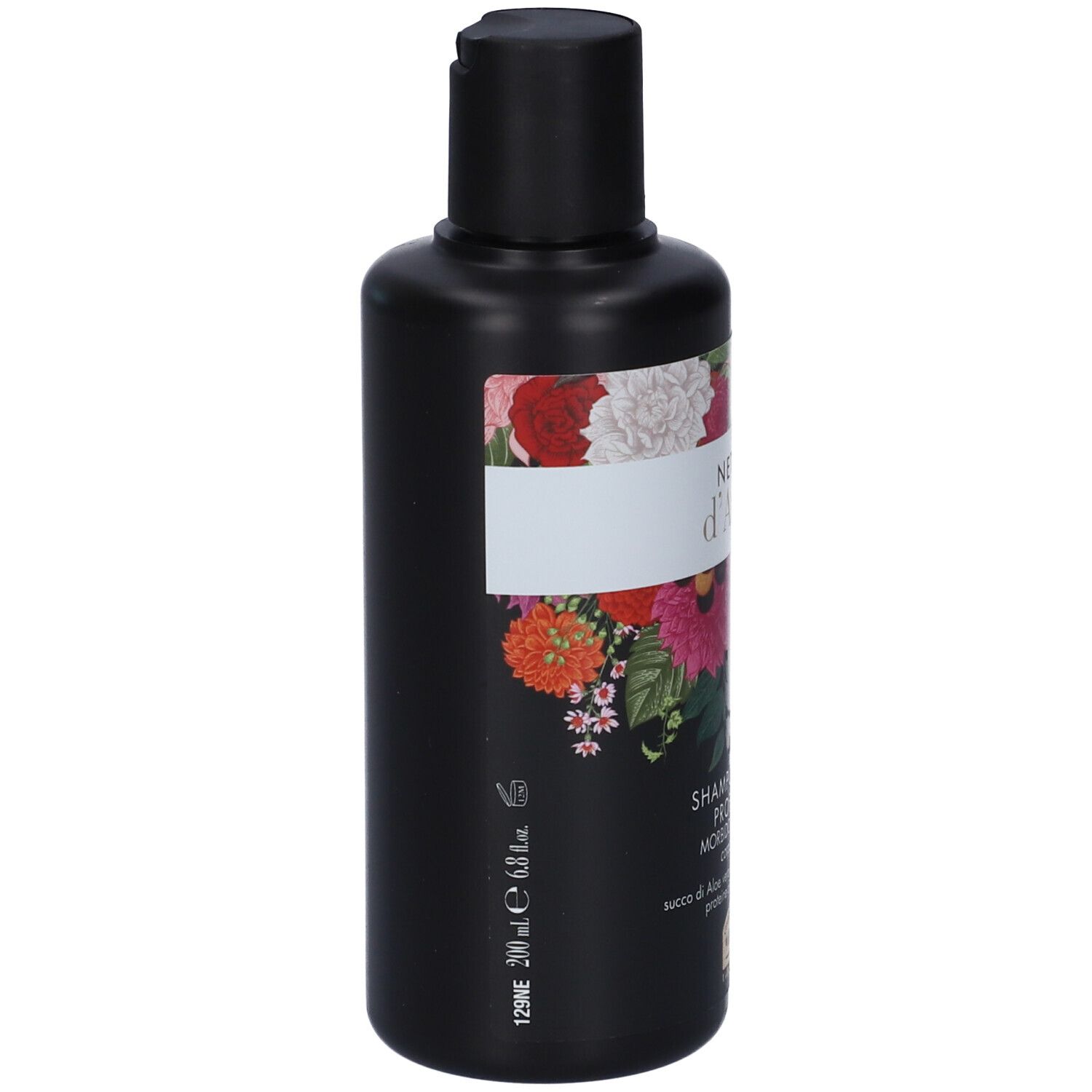 Flacone nero con design floreale. Testo: Nettare d'Ambra, Shampoodoccia Profumato, 200 ml.