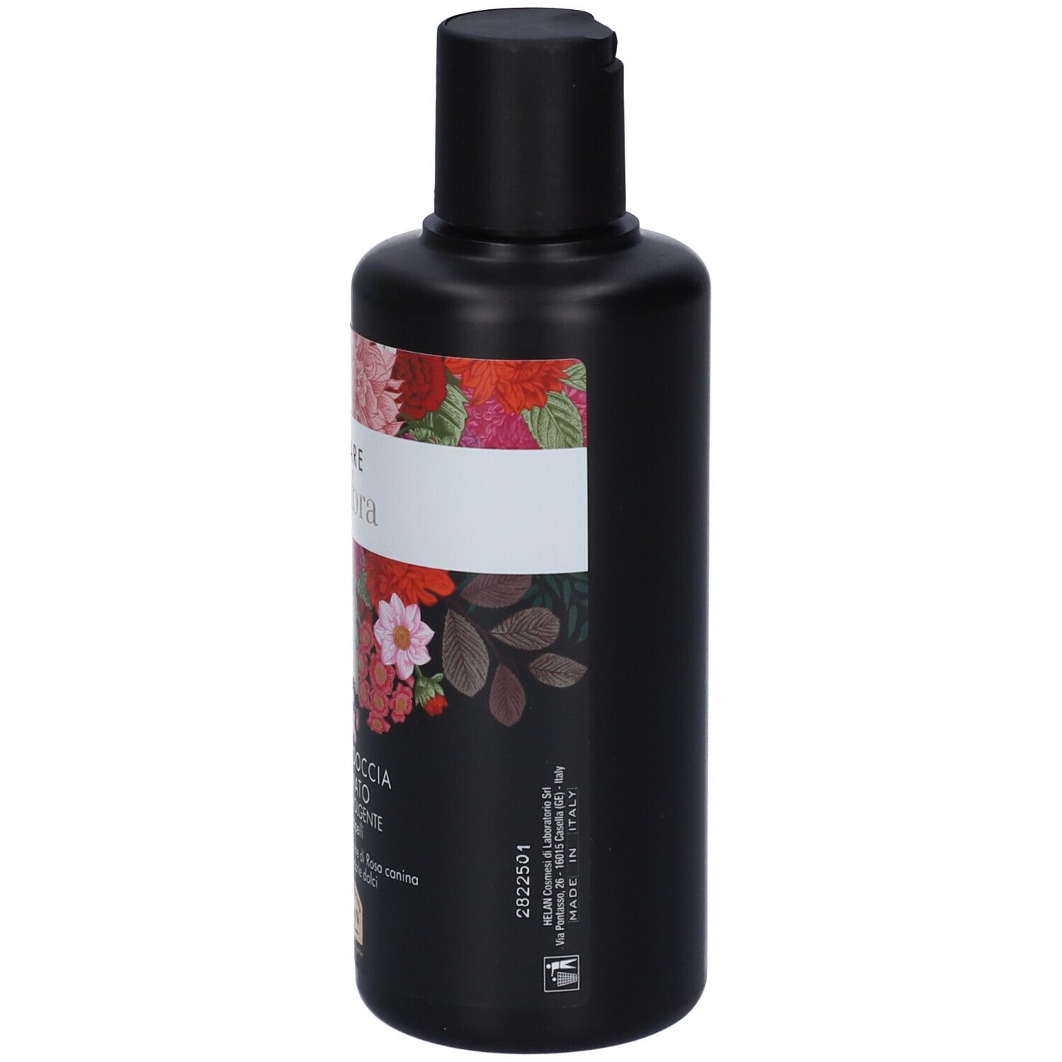 Flacone nero con design floreale. Testo: Nettare d'Ambra, Shampoodoccia Profumato.