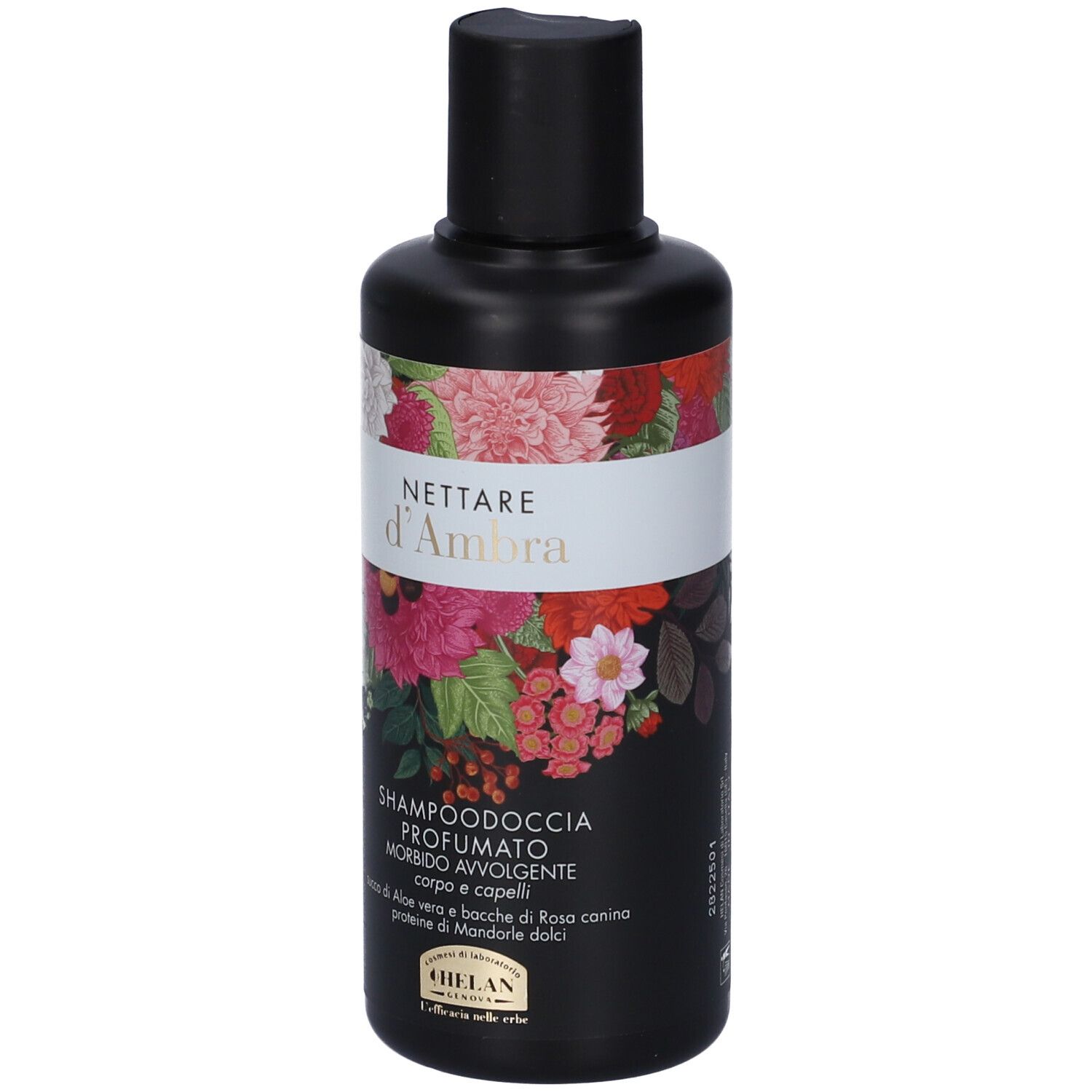 Flacone nero con design floreale. Testo: Nettare d'Ambra, Shampoodoccia Profumato.