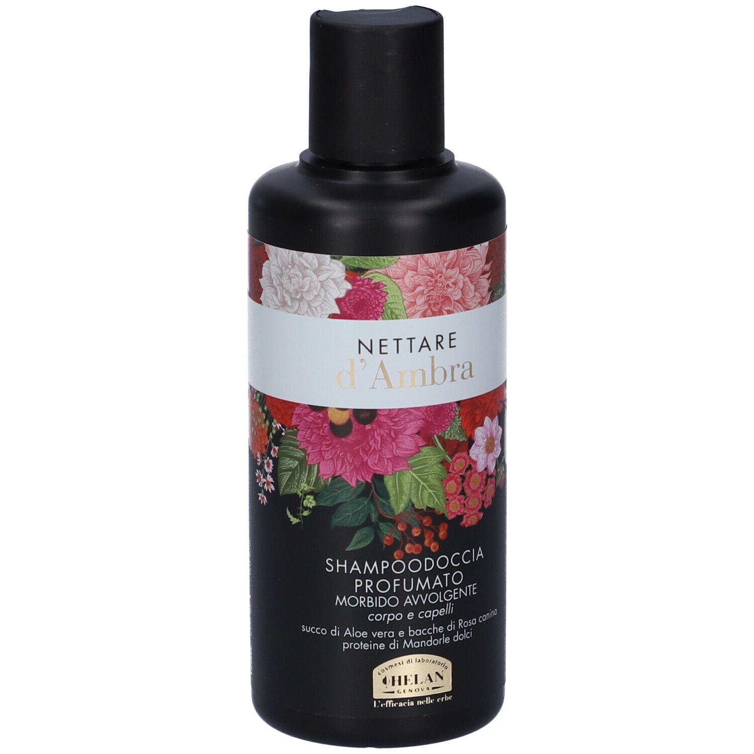 Flacone nero con design floreale. Testo: Nettare d'Ambra, Shampoodoccia Profumato.
