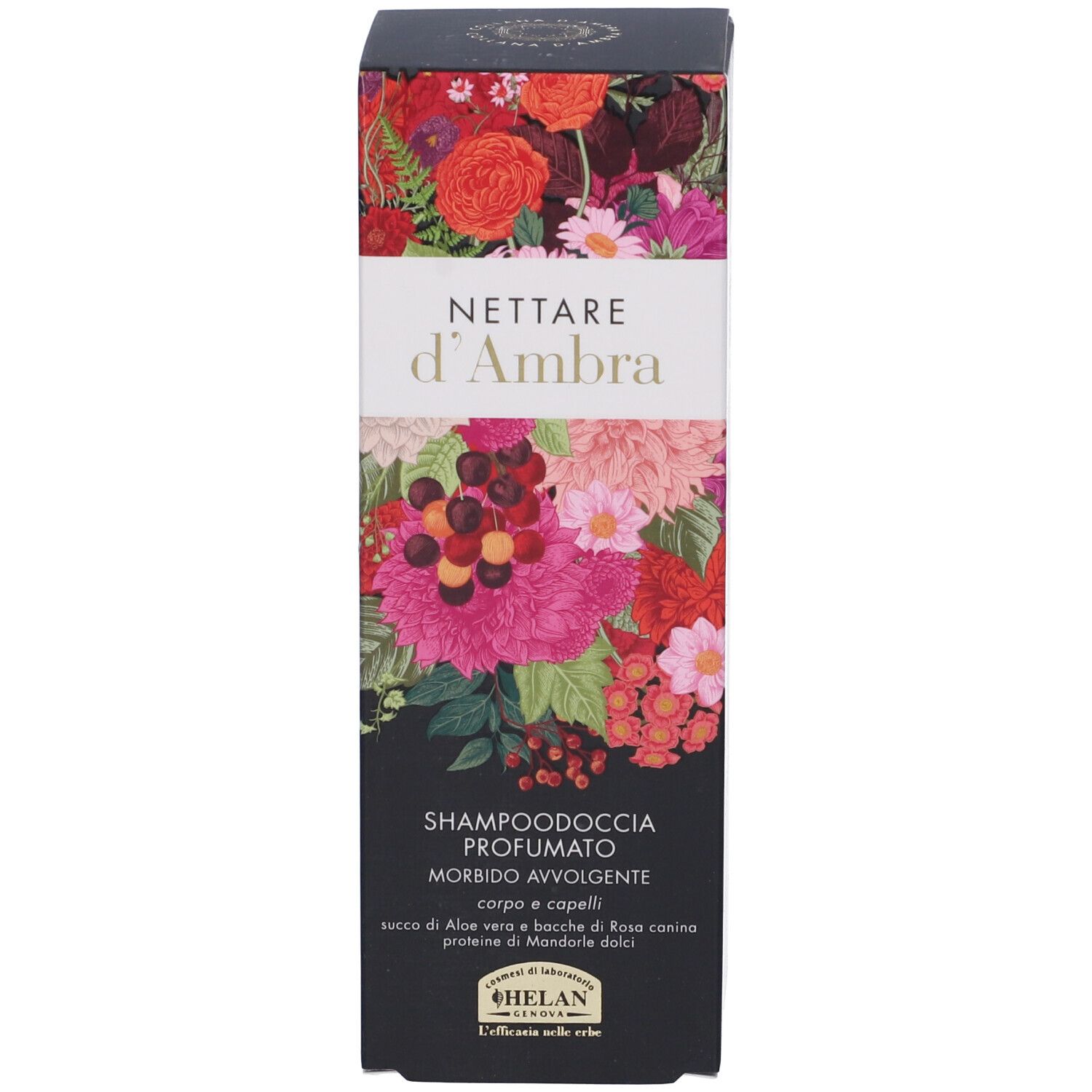Confezione del prodotto, scatola con design floreale. Testo: Nettare d'Ambra, Shampoodoccia Profumato.