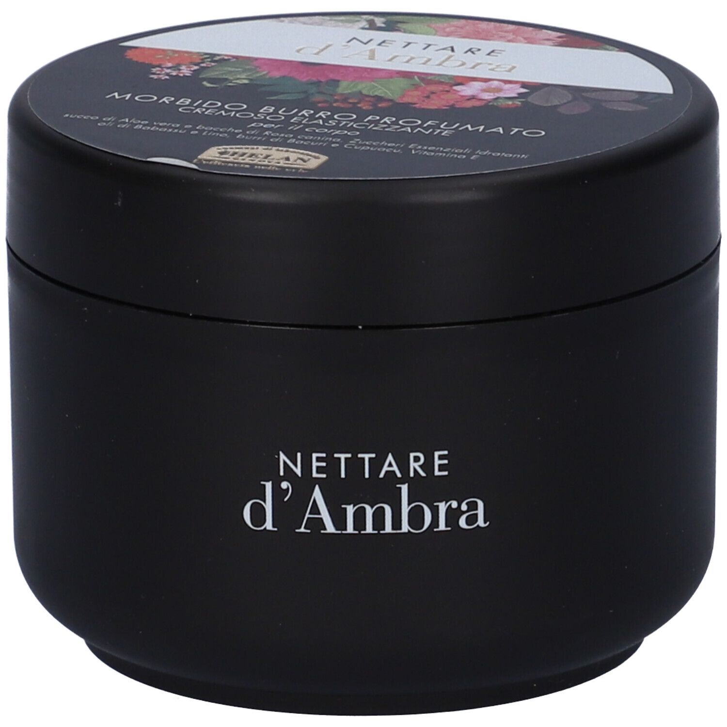 Vaso nero con coperchio floreale. Scritta: Nettare d'Ambra. Cremoso Elasticizzante. Helan.