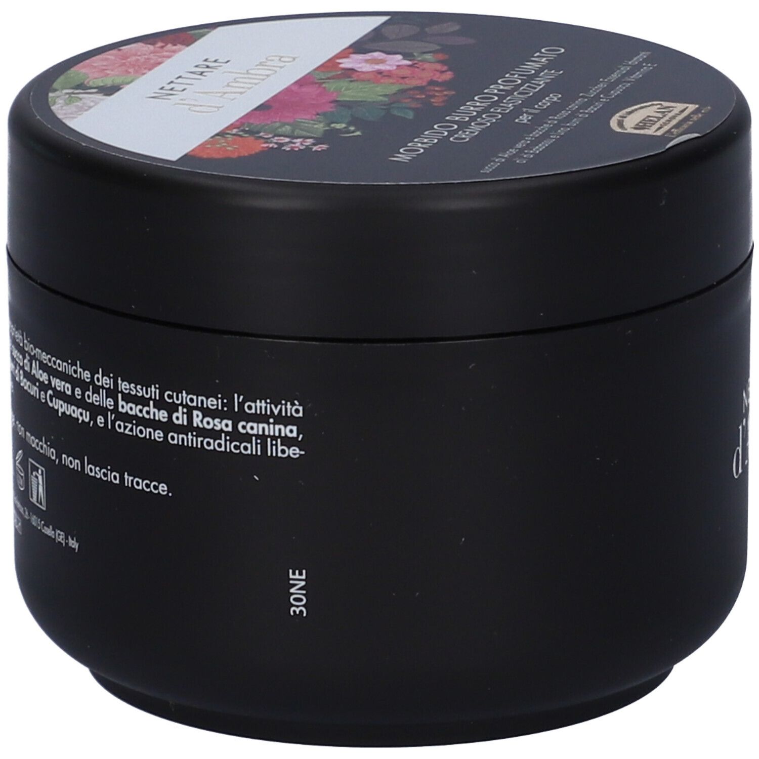 Vaso nero con coperchio floreale. Scritta: Nettare d'Ambra. Cremoso Elasticizzante. Helan.