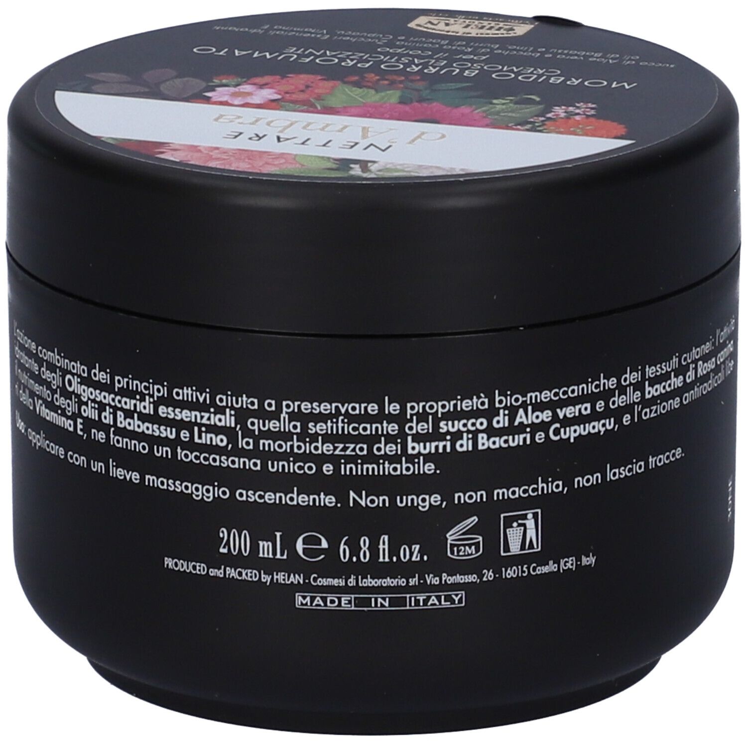 Vaso nero con coperchio floreale. Scritta: Nettare d'Ambra. Cremoso Elasticizzante. Helan.