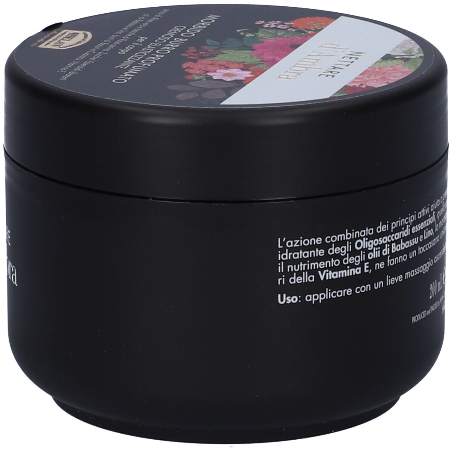 Vaso nero con coperchio floreale. Scritta: Nettare d'Ambra. Cremoso Elasticizzante. Helan.