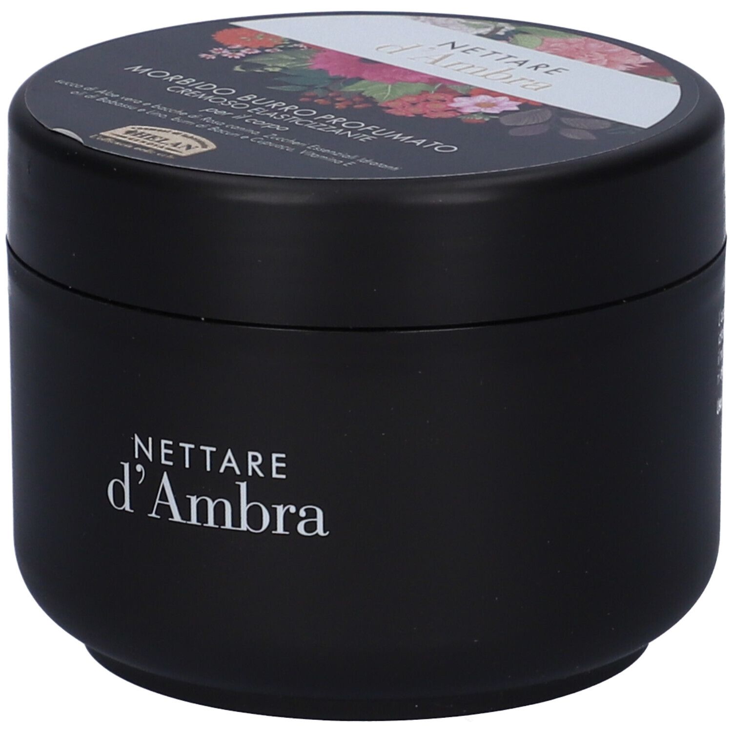 Vaso nero con coperchio floreale. Scritta: Nettare d'Ambra. Cremoso Elasticizzante. Helan.
