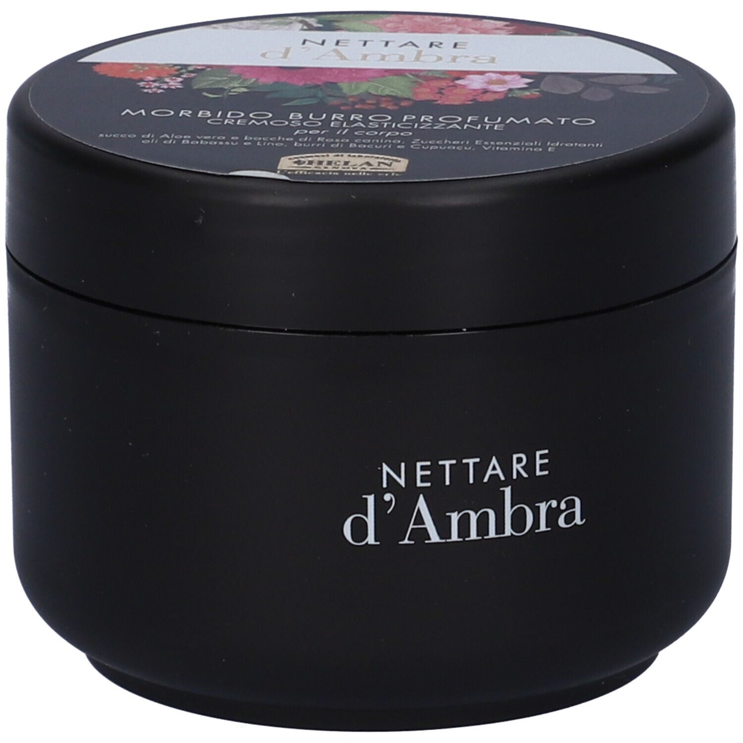 Vaso nero con coperchio floreale. Scritta: Nettare d'Ambra. Cremoso Elasticizzante. Helan.