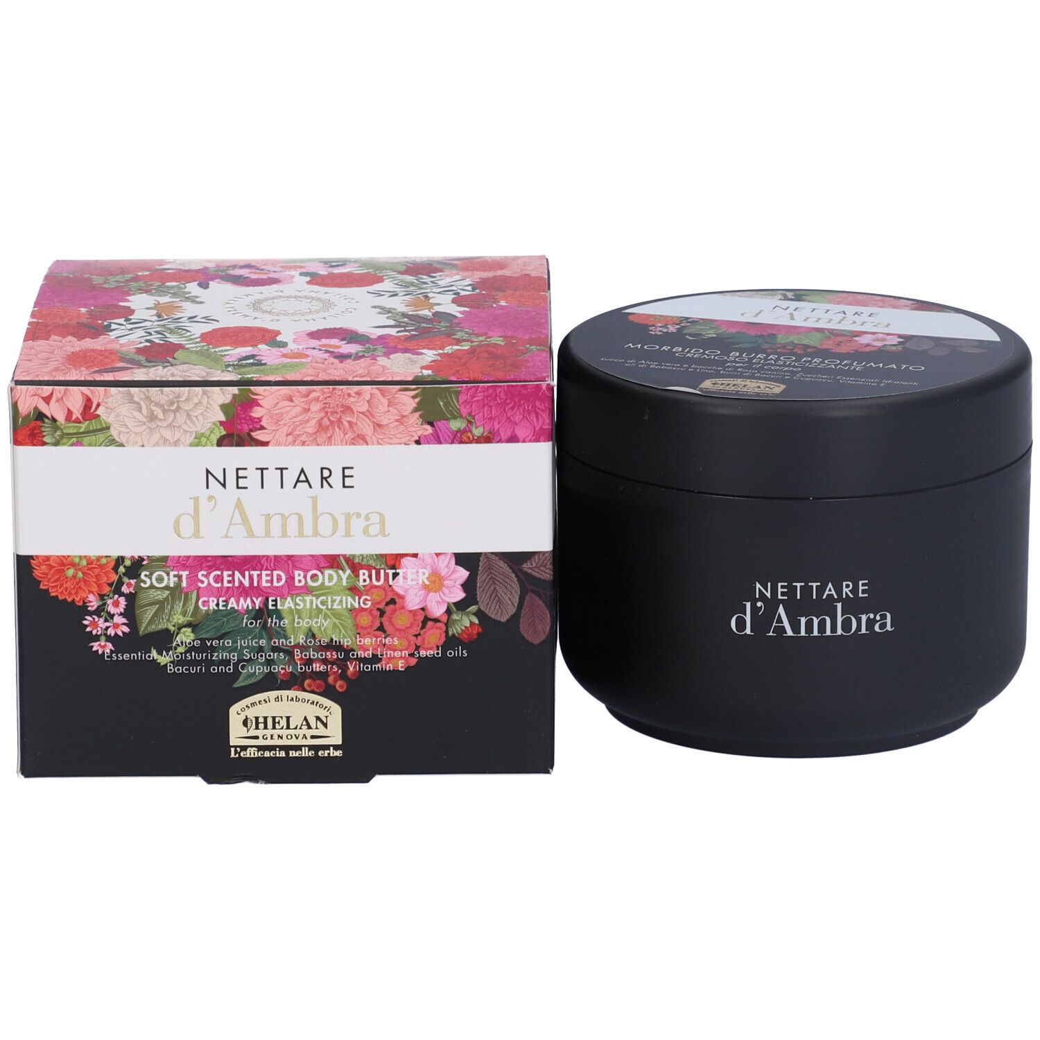 Vaso nero con coperchio floreale. Scritta: Nettare d'Ambra. Cremoso Elasticizzante. Helan.