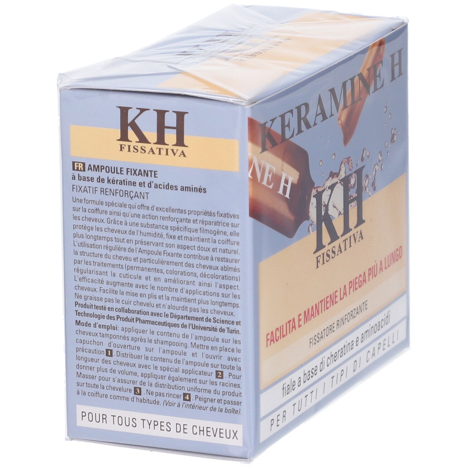 Scatola Keramine H Fiala Fissativa. Retro con testo in francese. KH Fissativa, per tutti i tipi di capelli.