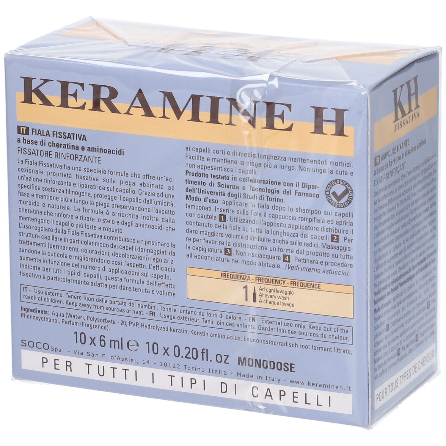 Scatola Keramine H Fiala Fissativa. Testo in italiano. 10x6 ml. Per tutti i tipi di capelli. Ingredienti.