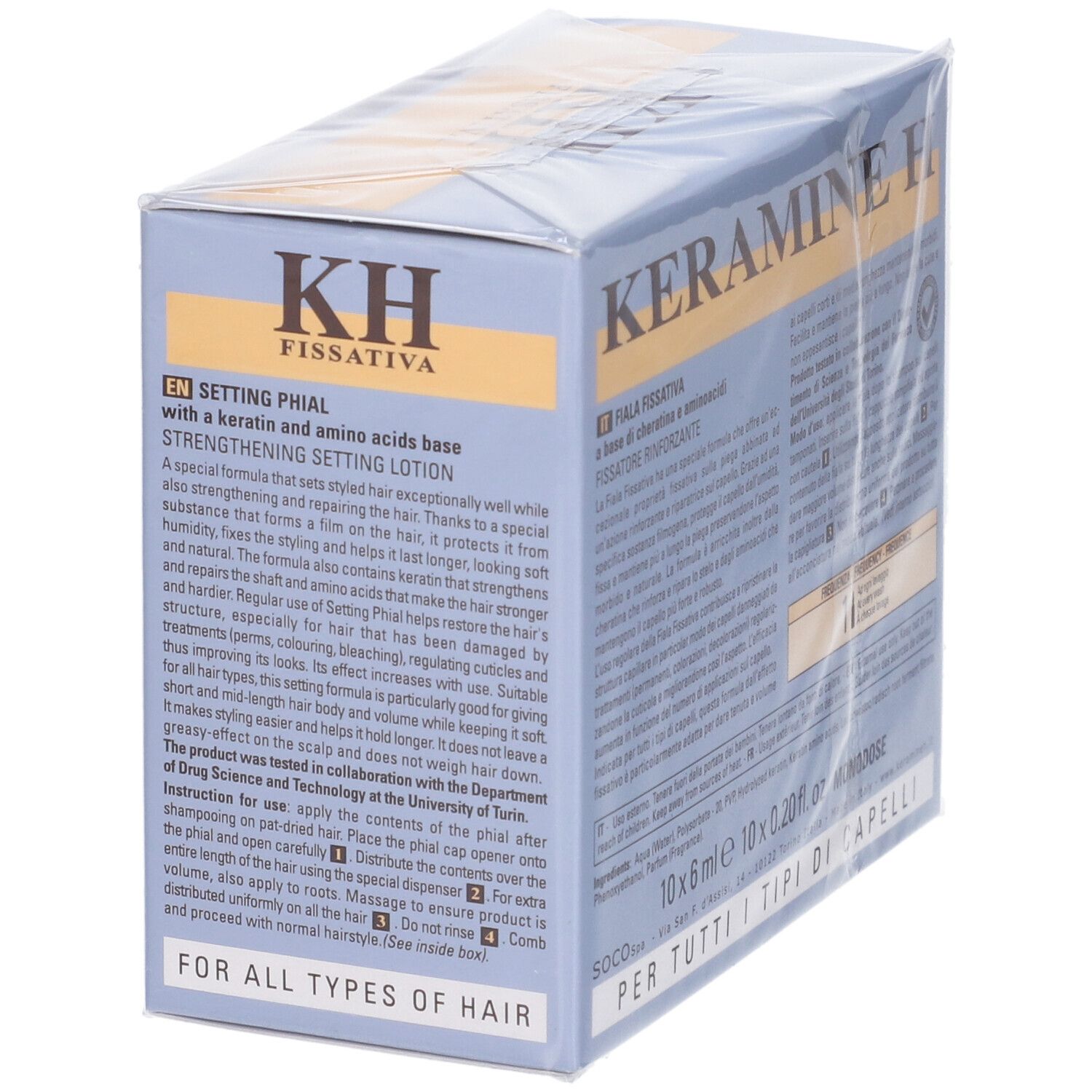 Scatola Keramine H Fiala Fissativa. Testo in inglese. KH Fissativa, per tutti i tipi di capelli. Ingredienti.