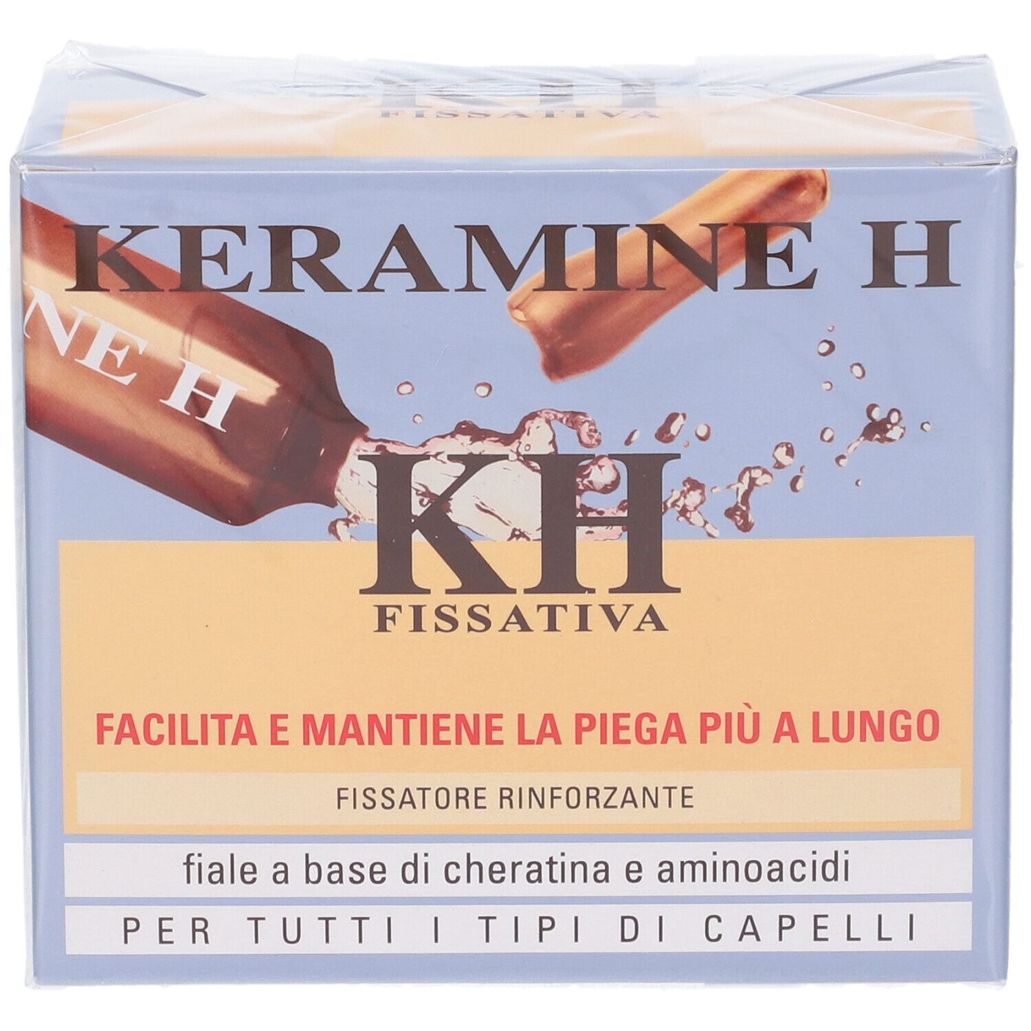 Scatola Keramine H Fiala Fissativa. Scritto: KH Fissativa, cheratina e aminoacidi. Per tutti i tipi di capelli.