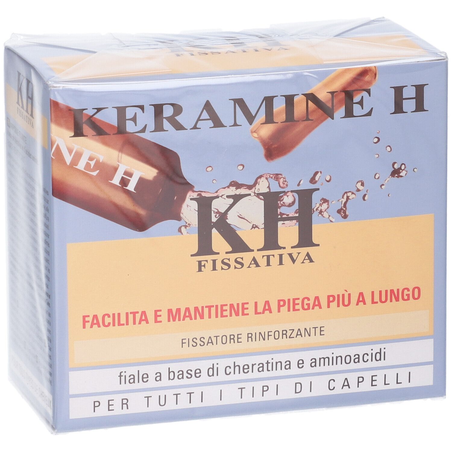 Scatola Keramine H Fiala Fissativa. Scritto: KH Fissativa, cheratina e aminoacidi. Per tutti i tipi di capelli.