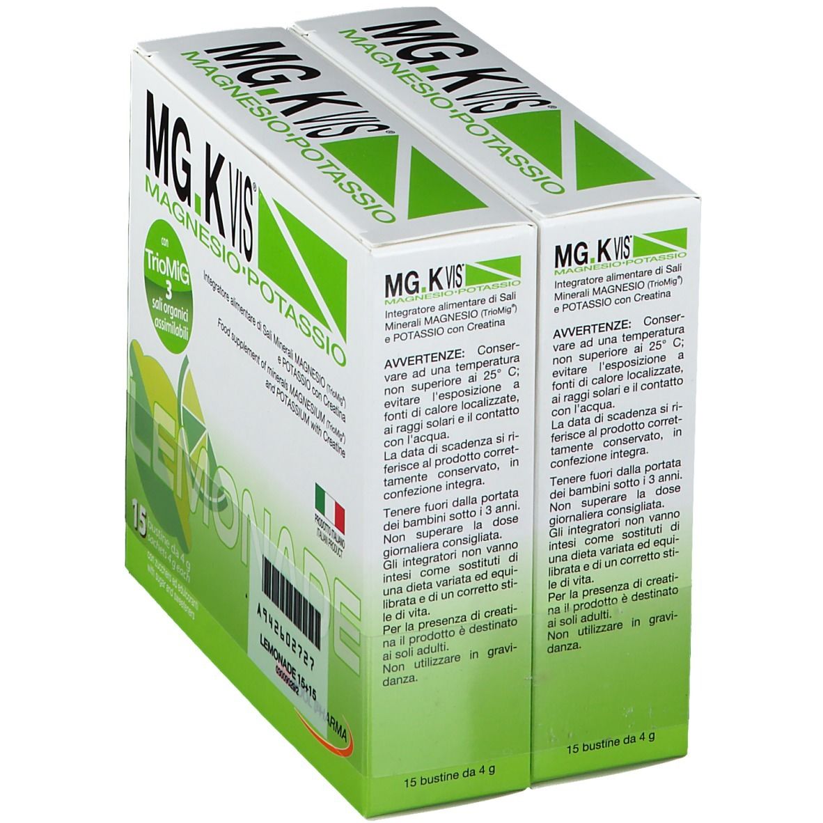 Confezione MG.K VIS Lemonade 15+15 bustine. Prodotto italiano. Testo in italiano. Colori verde e bianco.