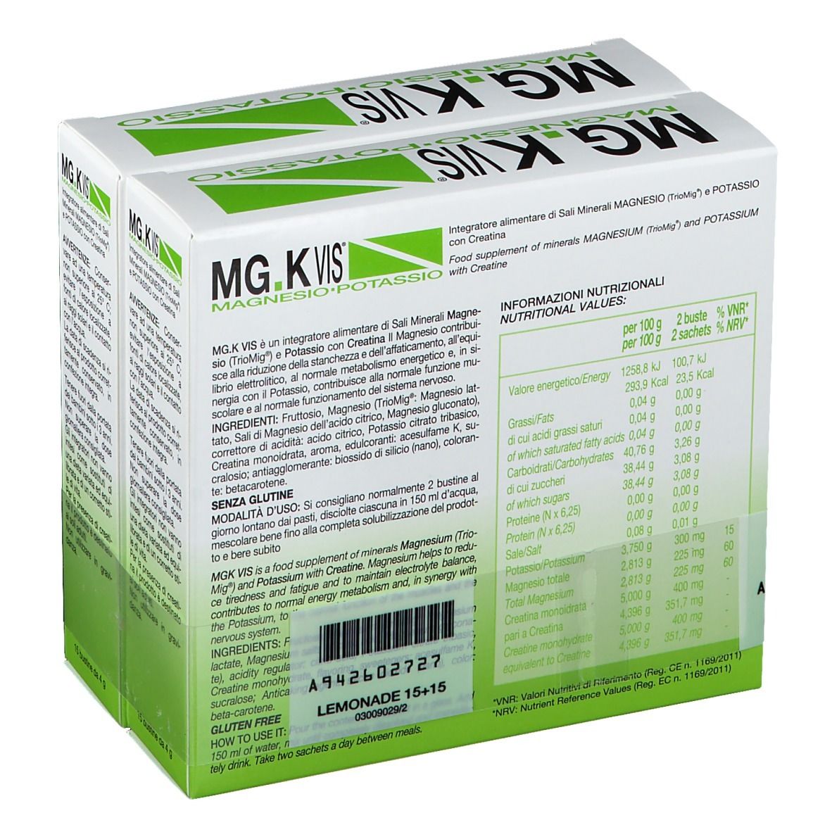 Confezione MG.K VIS Lemonade 15+15 bustine. Contiene informazioni nutrizionali. Prodotto italiano. Verde e bianco.