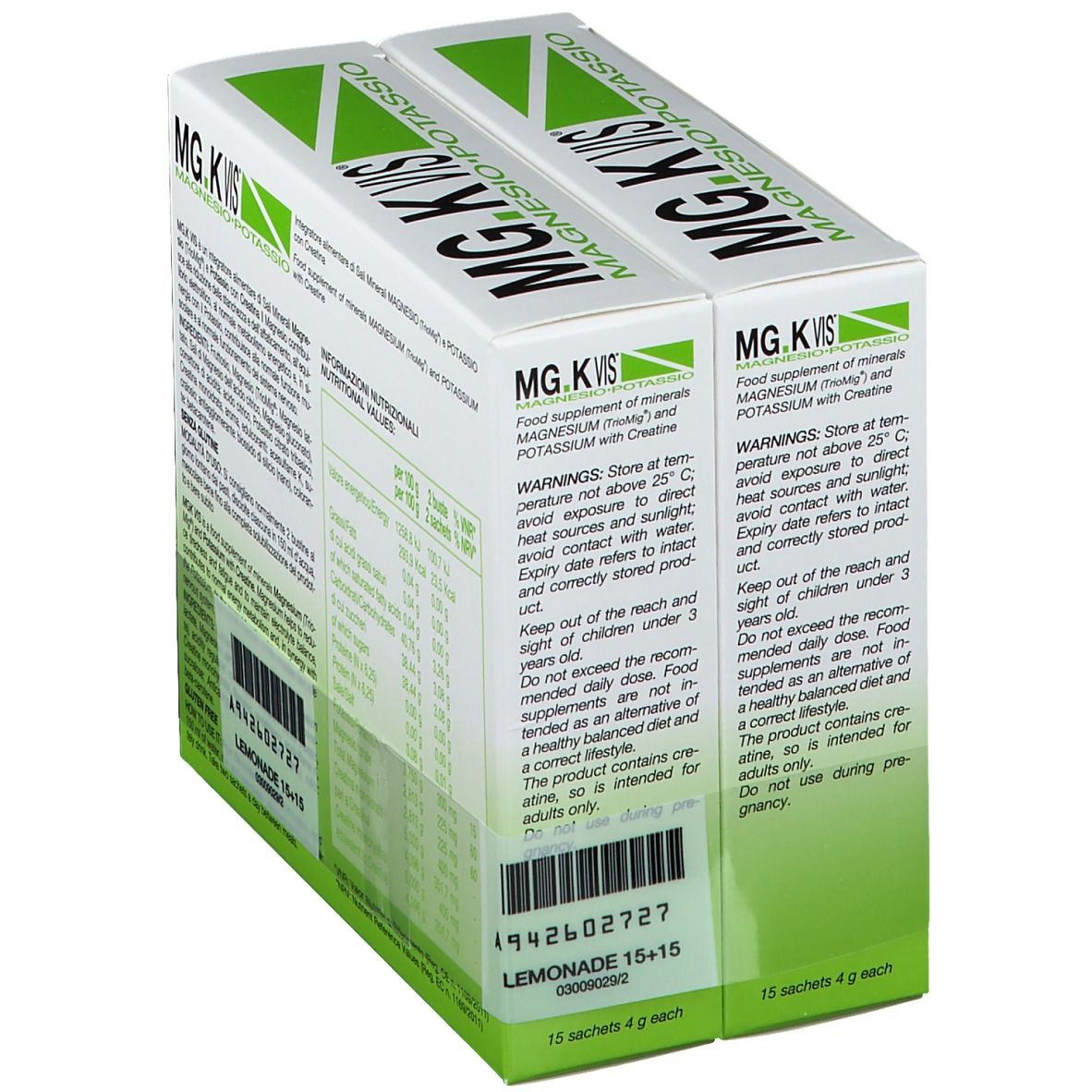 Confezione MG.K VIS Lemonade 15+15 bustine. Contiene avvertenze. Prodotto italiano. Verde e bianco.
