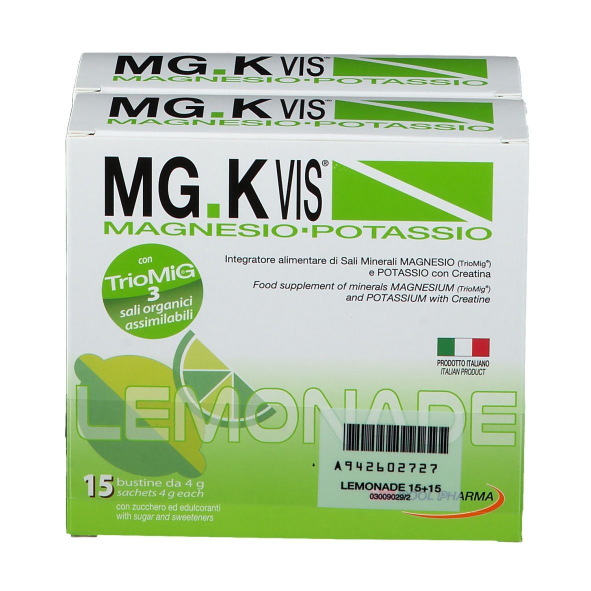 Confezione MG.K VIS Lemonade 15+15 bustine. Prodotto italiano. Colori verde e bianco. Nome e logo visibili.