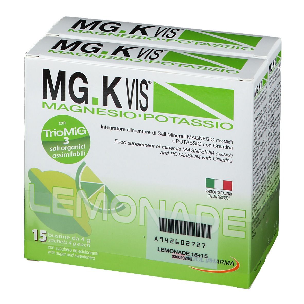 Confezione MG.K VIS Lemonade 15+15 bustine. Prodotto italiano. Colori verde e bianco. Nome e logo visibili.