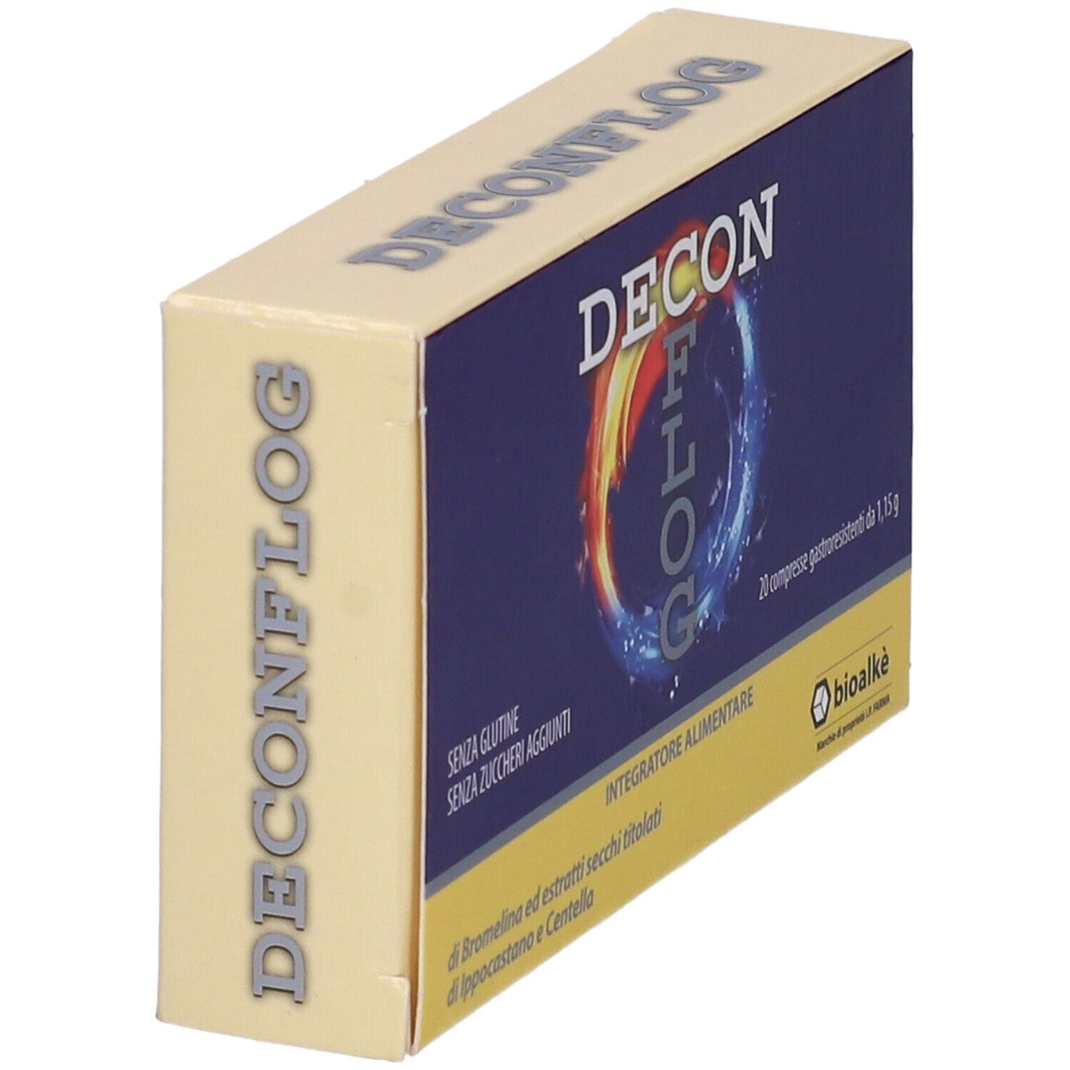 Confezione DECONFLOG angolata. Colori blu e giallo. Testo: DECONFLOG, 20 compresse, senza glutine.