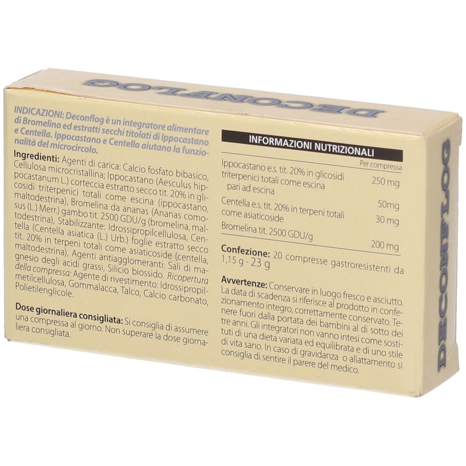 Retro confezione DECONFLOG. Testo: ingredienti, informazioni nutrizionali, dosaggio, informazioni produttore.