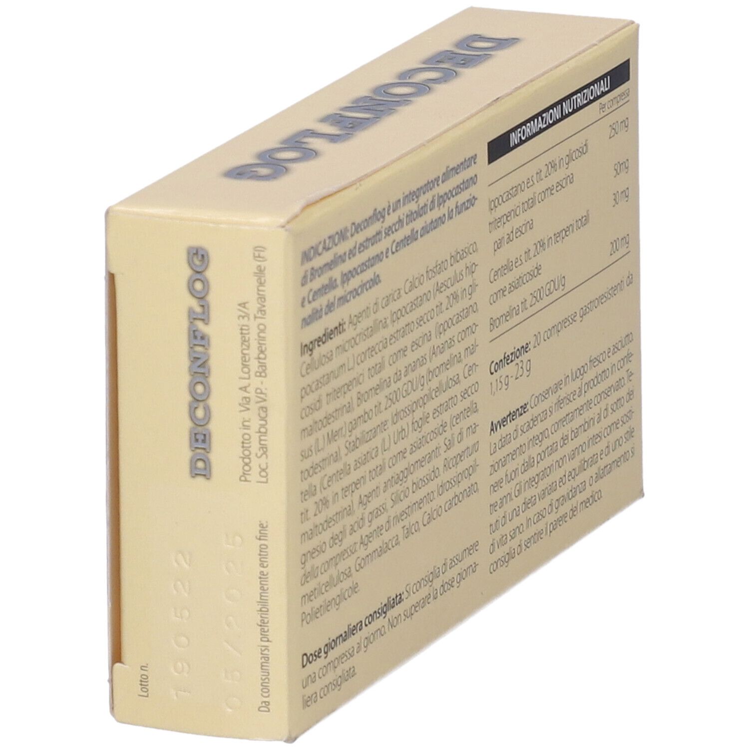 Confezione DECONFLOG angolata. Retro con testo. Indirizzo produttore e data di scadenza.