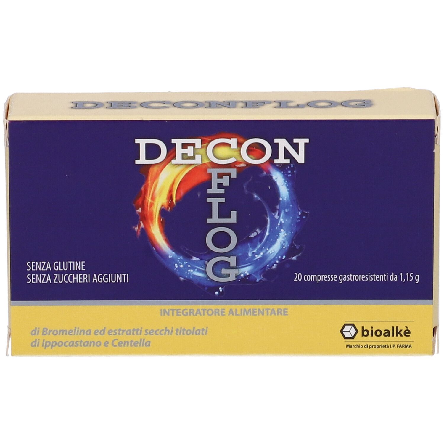 Confezione DECONFLOG. Colori blu e giallo. Contiene 20 compresse. Senza glutine, senza zuccheri aggiunti.