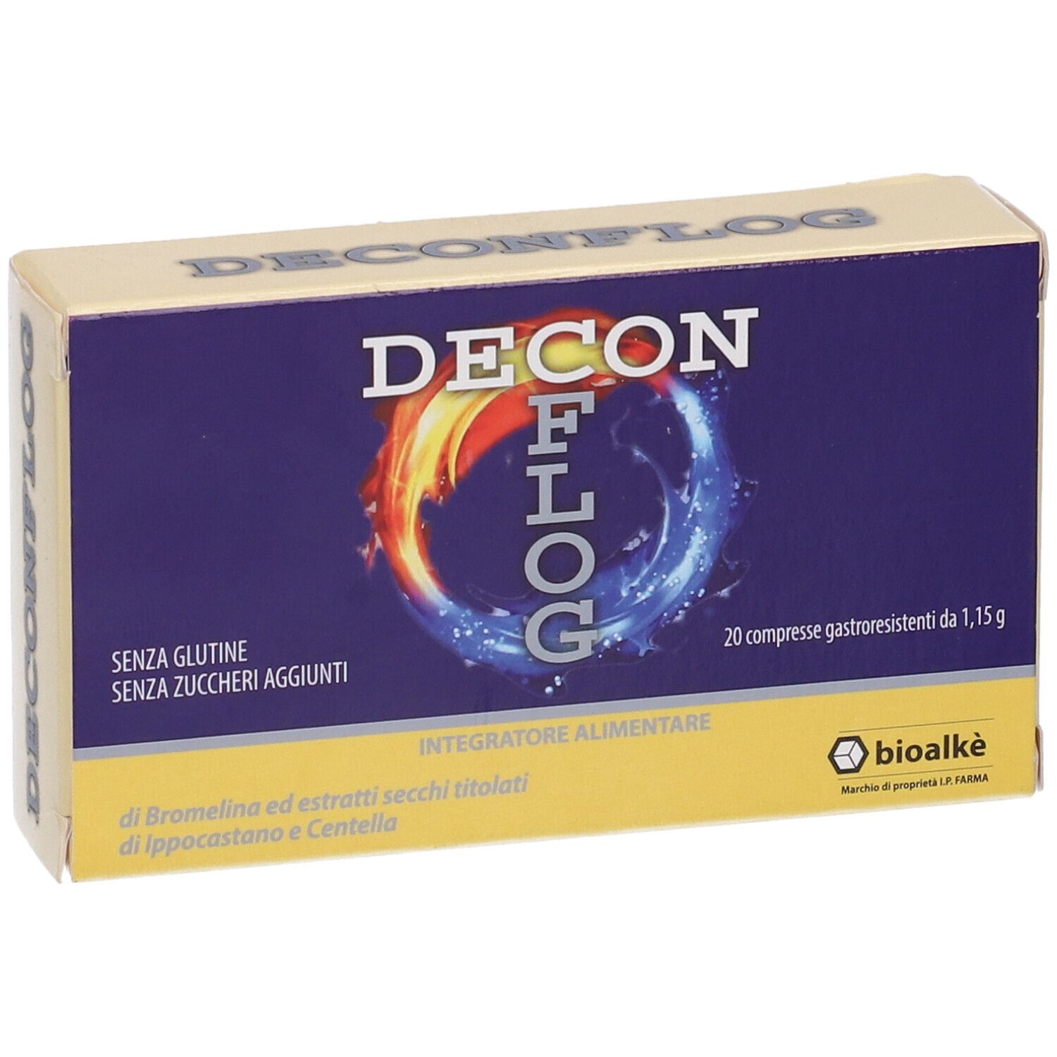 Confezione DECONFLOG. Colori blu e giallo. Contiene 20 compresse. Senza glutine, senza zuccheri aggiunti.