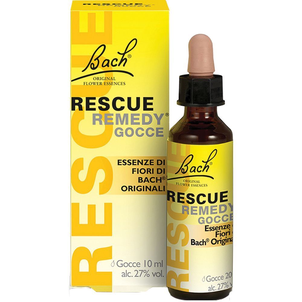 Flacone da 10 ml di Rescue Remedy Gocce di Bach e confezione. Giallo e marrone. Con contagocce.