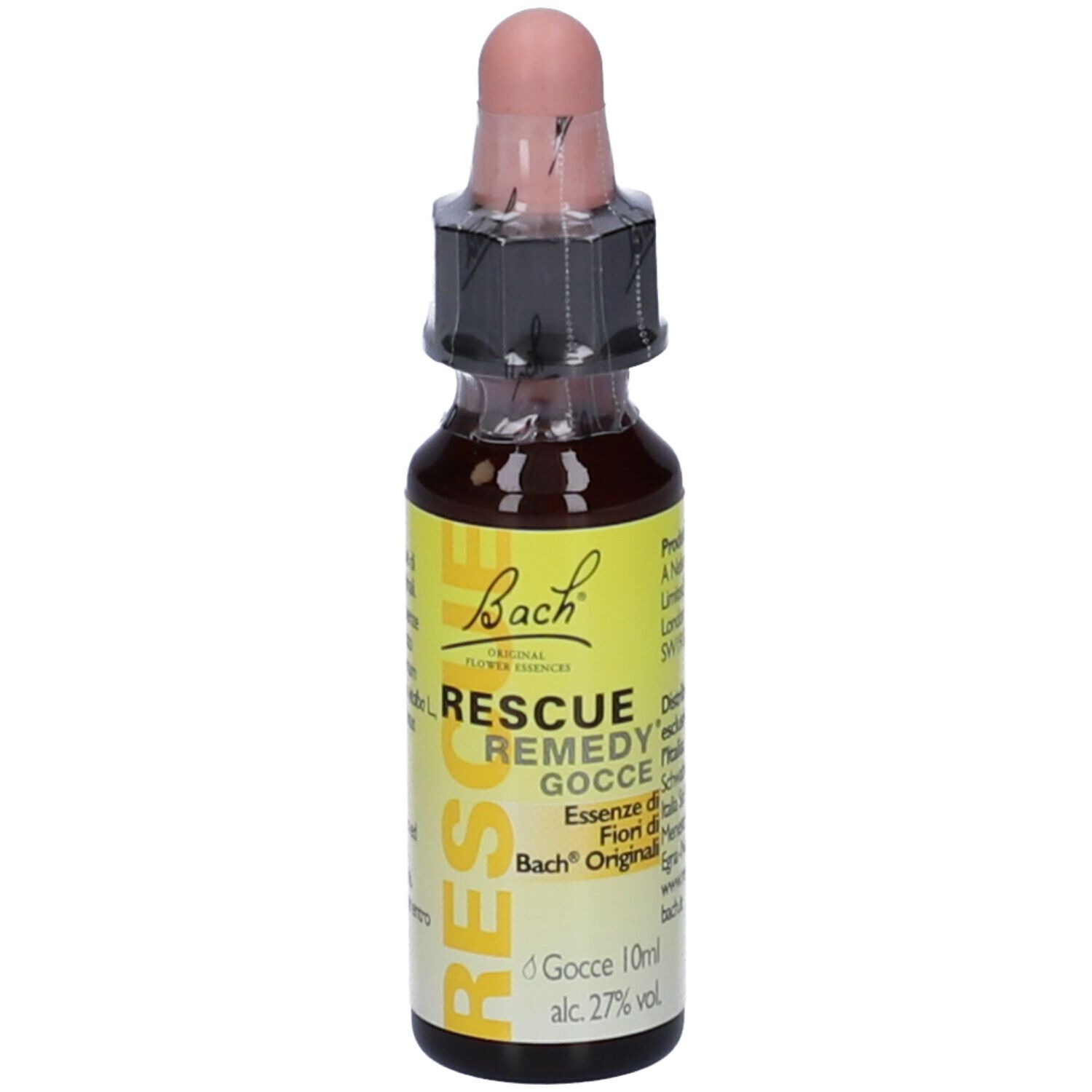 Flacone da 10 ml di Rescue Remedy Gocce di Bach. Flacone in vetro marrone con contagocce. Etichetta gialla.