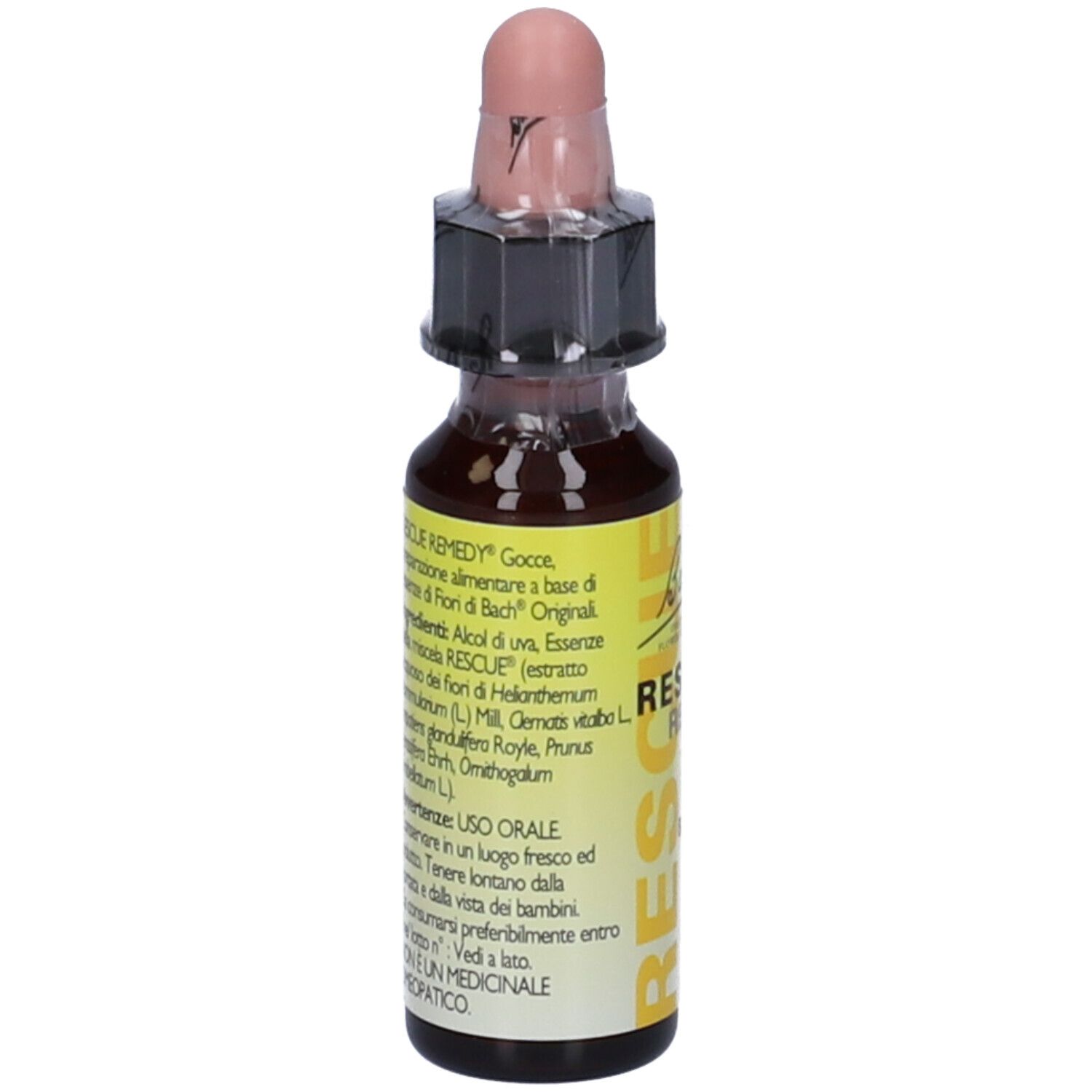 Flacone da 10 ml di Rescue Remedy Gocce di Bach. Flacone in vetro marrone con contagocce. Etichetta gialla.