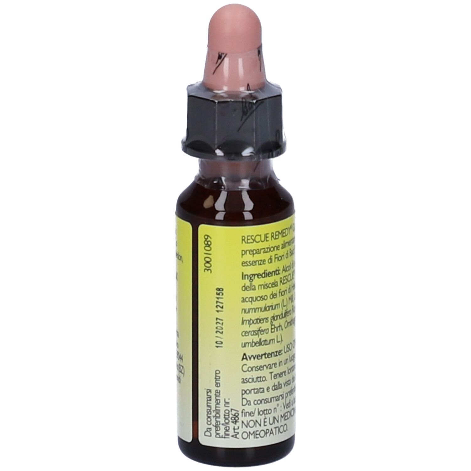 Flacone da 10 ml di Rescue Remedy Gocce di Bach. Flacone in vetro marrone con contagocce. Etichetta gialla.