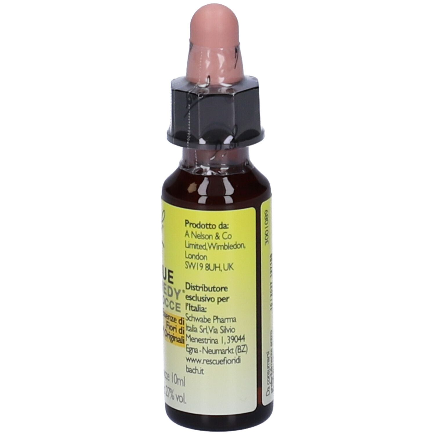 Flacone da 10 ml di Rescue Remedy Gocce di Bach. Flacone in vetro marrone con contagocce. Etichetta gialla.